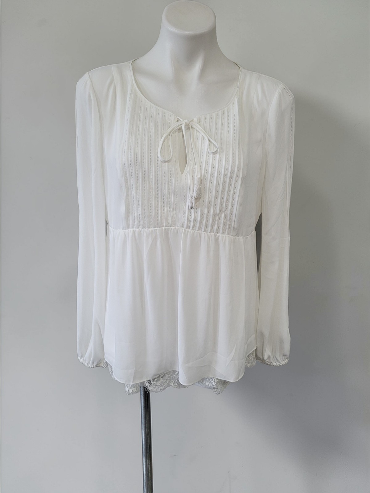 White House Black Market Ivory Boho Blouse- Sheer, Lace Hem, Long Sleeve – Sz 6