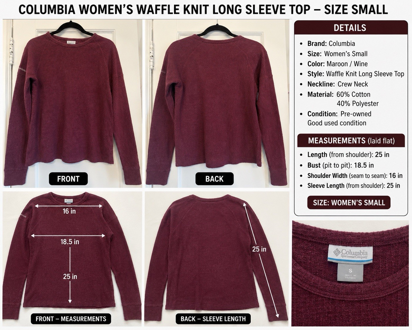 Columbia Maroon Waffle Knit Thermal Crew Neck Long Sleeve Pullover Top S