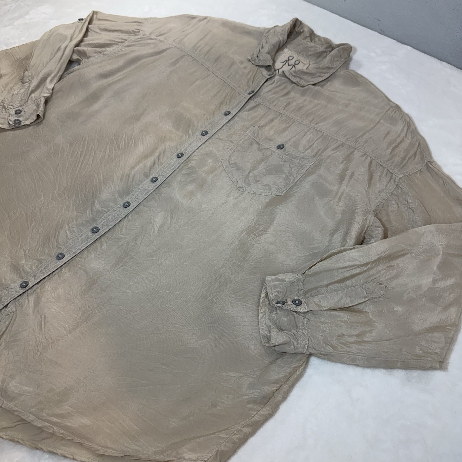 Pete & Greta Cupra Button Down Blouse Sz LG Long Roll Tab Sleeve Johnny Was Boho