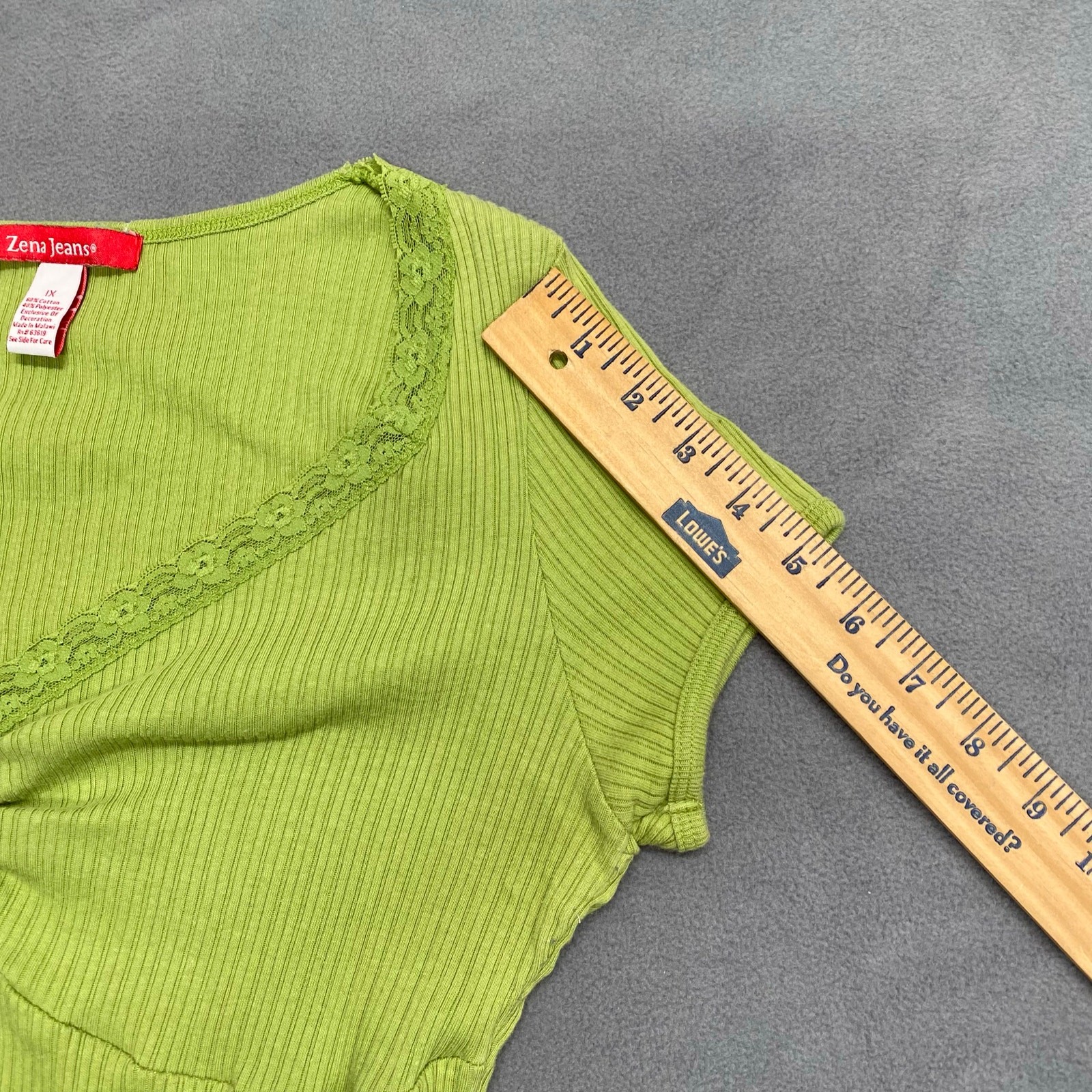 Vtg Y2K 00s Babydoll Jersey Knit Ruched Lace V Neck Lettuce Hem Top 1X LimeGreen
