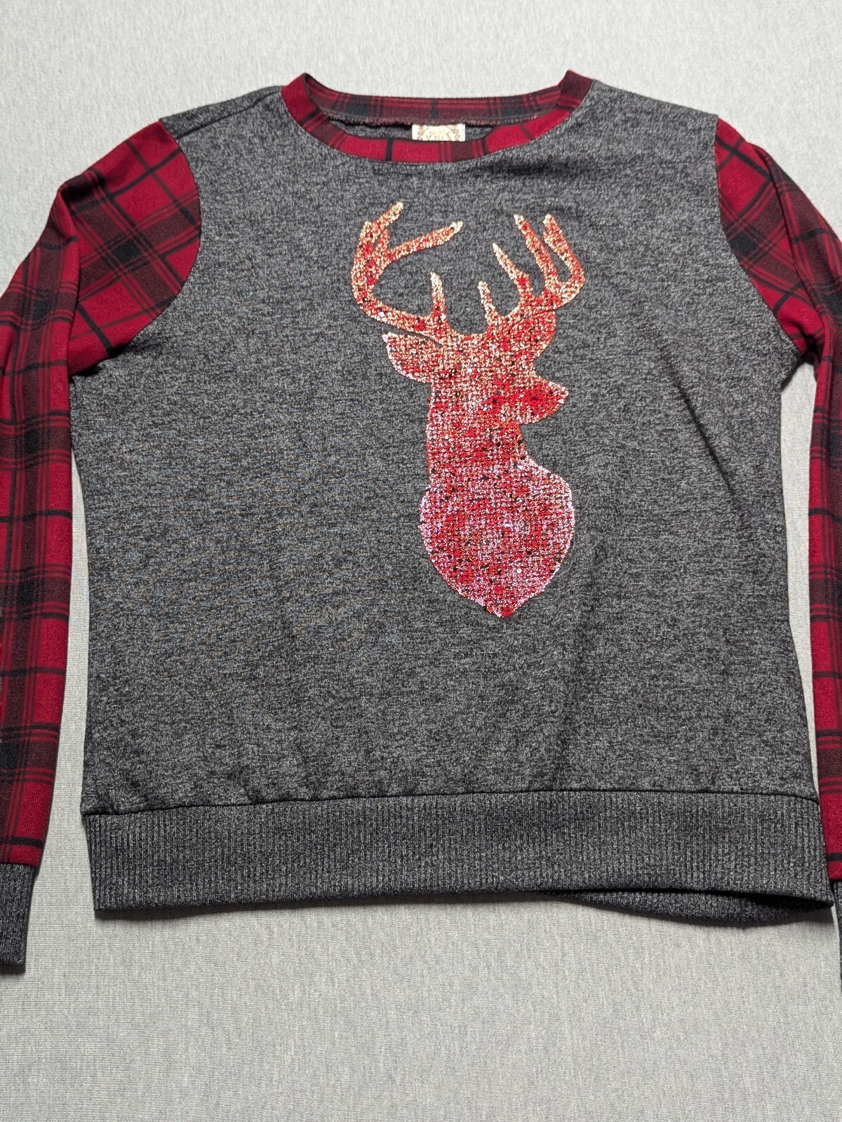 TruSelf Reindeer Christmas Holiday Shirt Womens Size XL Heather Gray Red Plaid