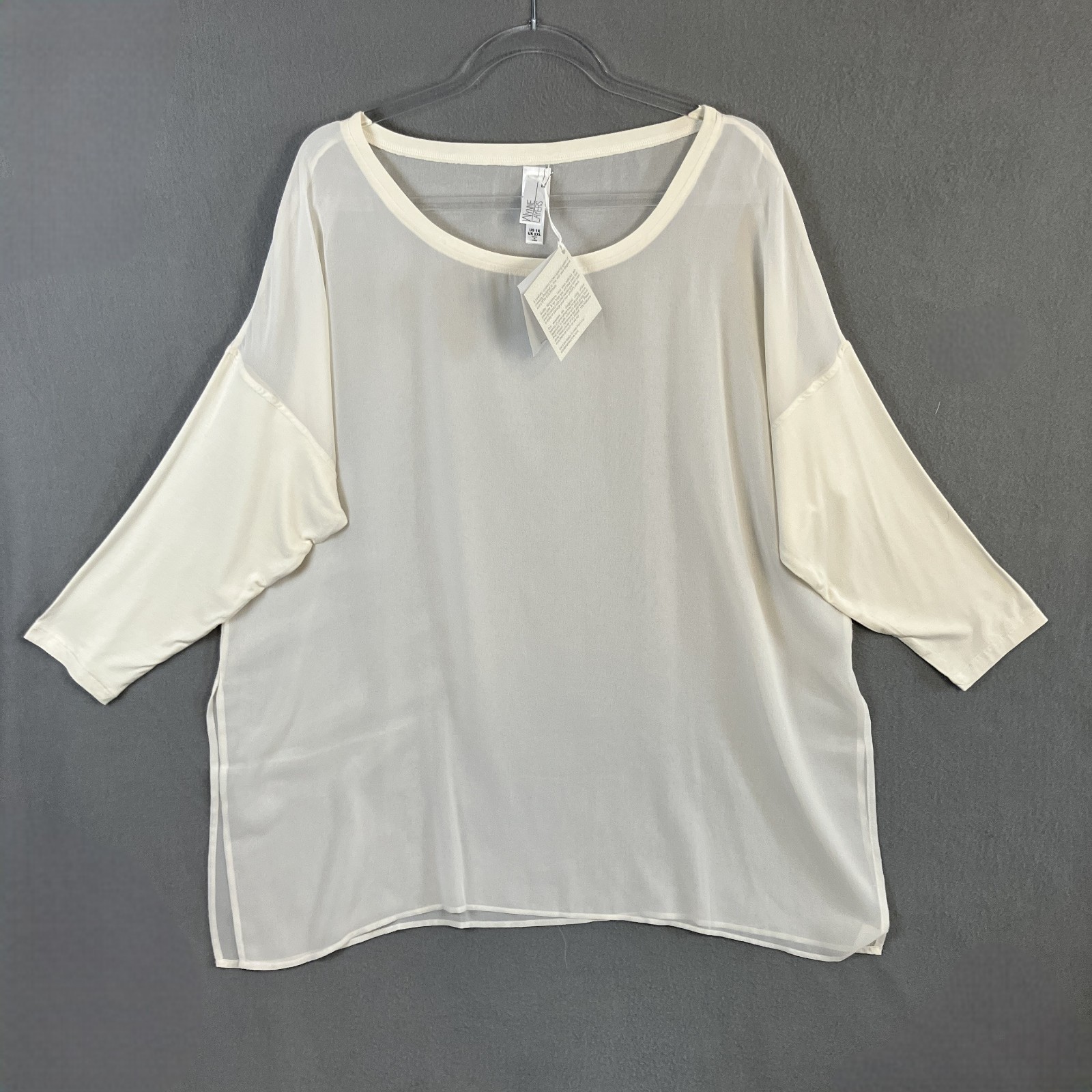 Wynne Layers Women’s 3/4 Sleeve Pullover Blouse 1X Ivory Sheer NWT