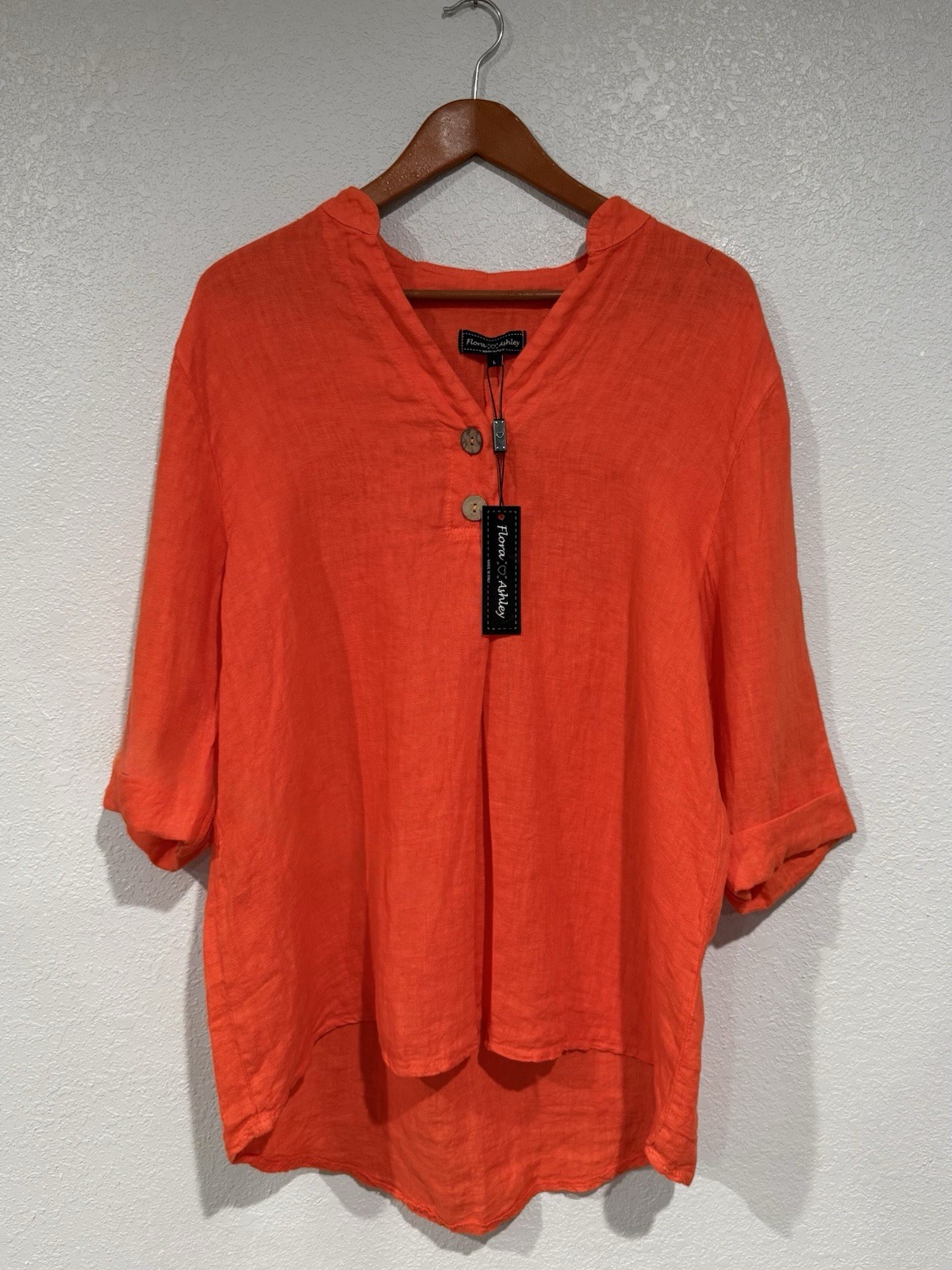 Flora Ashley Women’s Orange 100% Linen Solid V-Neck 3/4 Sleeve Button Blouse