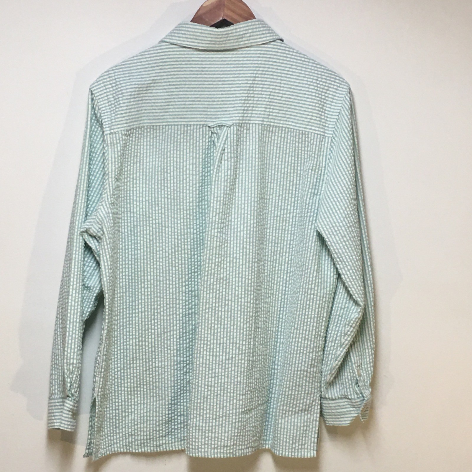 Denim & Co Button Down Shirt Womens Large Green White Seersucker Striped Cotton
