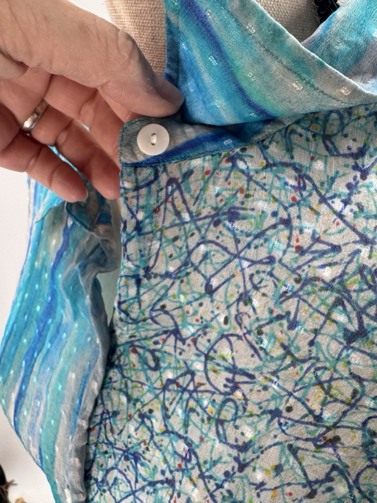 Nordstroms APNY Sheer Silk Top Medium Button Up Watercolor Wearable Art to Wear