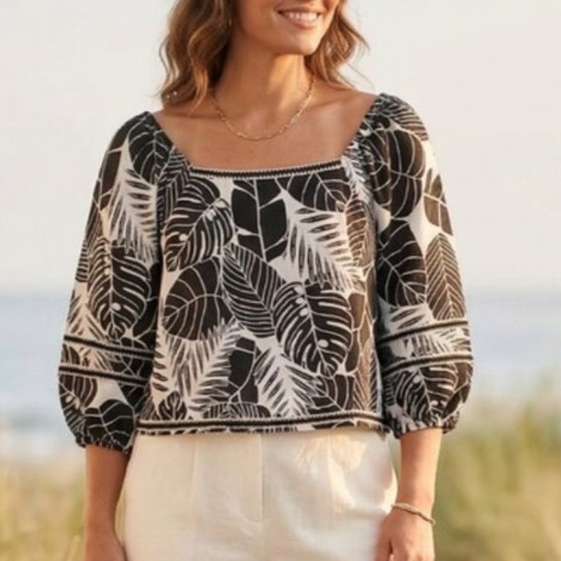 Cynthia Rowley Tropical Palm Print Black White Linen Blend 3/4 Sleeve Top S
