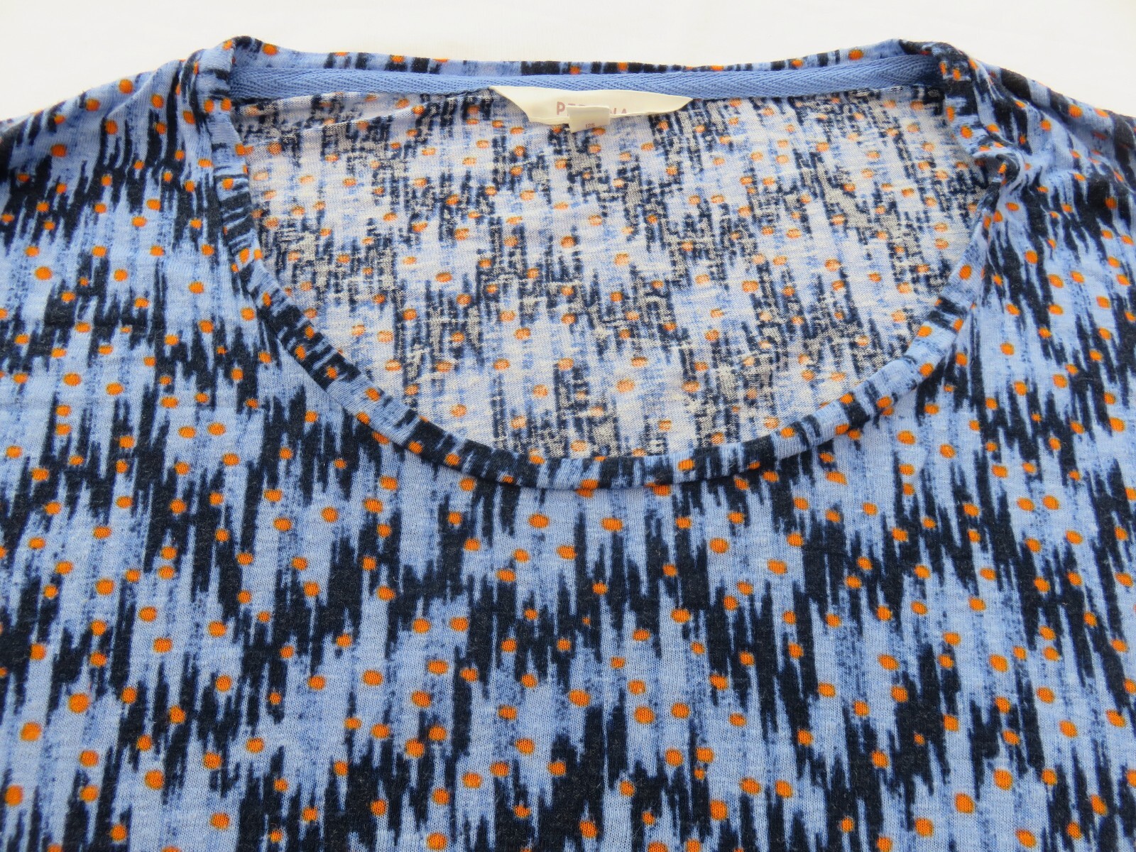 M&S PER UNA FAB BLUES IKAT ISH & ORANGE DOTS PATTERN 30% LINEN BLEND TOP UK 14
