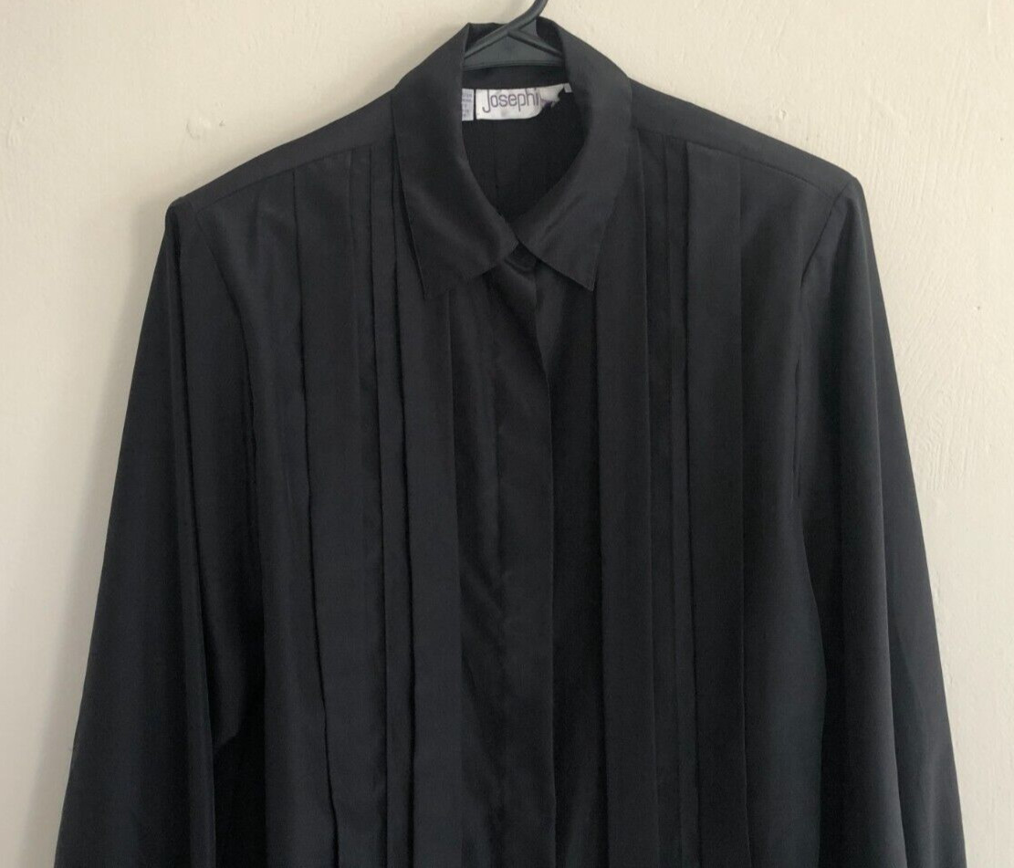 vtg JOSEPHINE Classic Black Pleated Blouse Sz 10 Blind Button Blouson Sleeves
