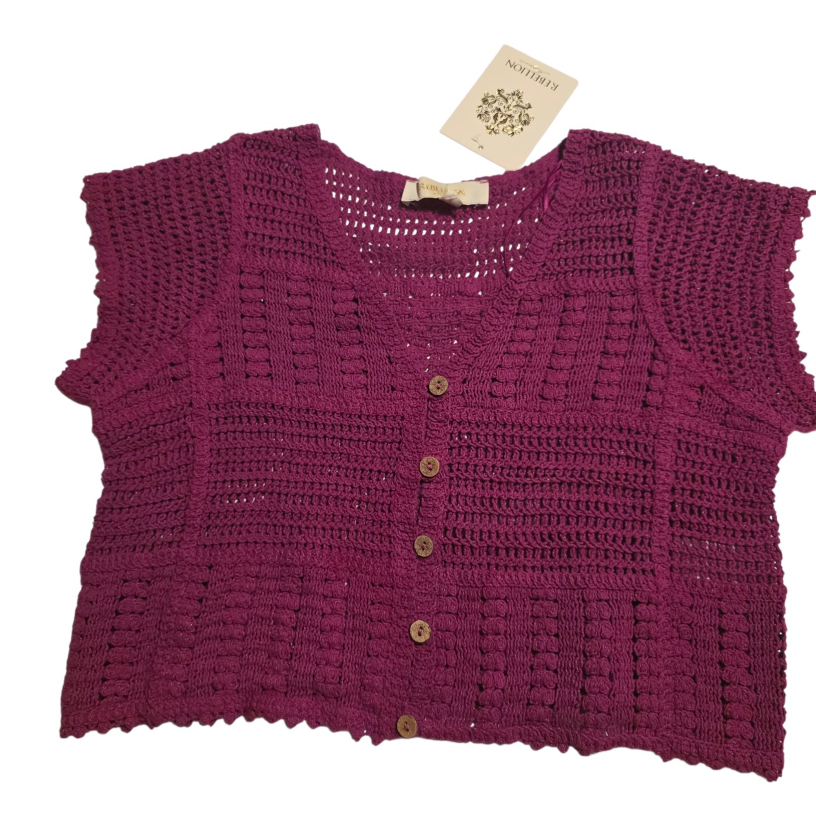 Rebellion Again Crochet Crop Top Short Sleeve Boho Wine Red Buttons Small NEW