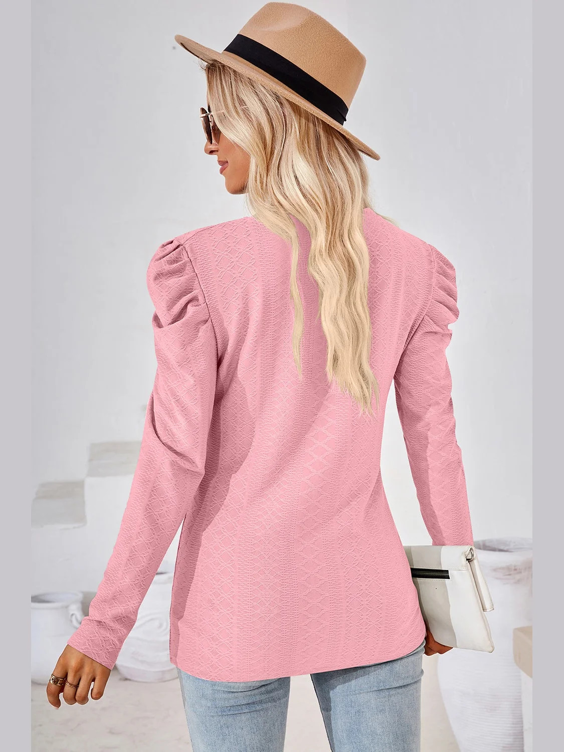 Women Round Neck Puff Long Sleeve Blouse