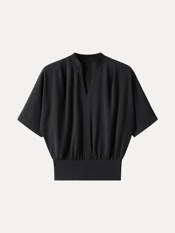 Women’s Stand Collar V Neck Short Sleeve Knit Blouse Casual Top, Black
