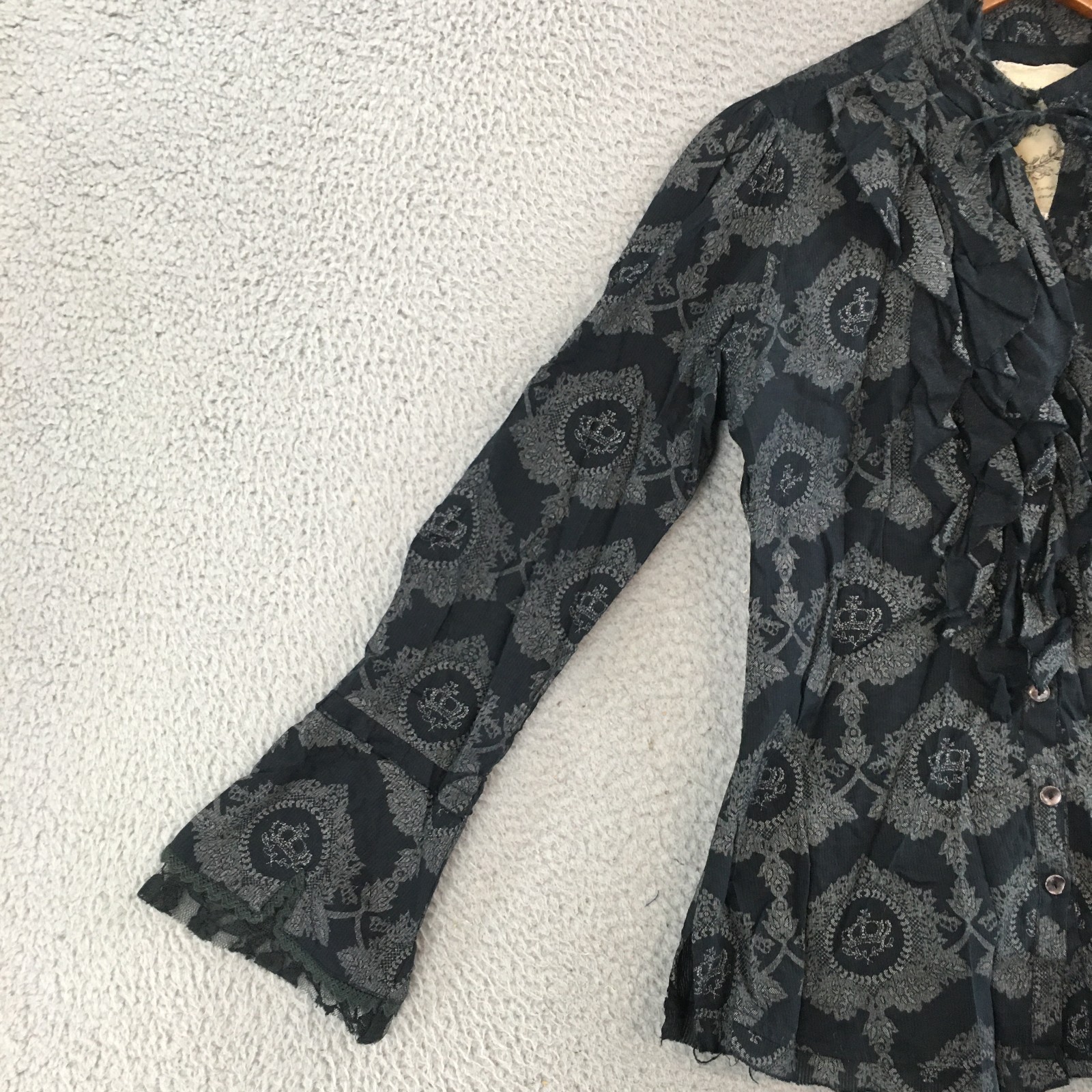Cino Blouse Womens S Tie Neck Ruffle Victorian Boho Crown Print Cotton Black