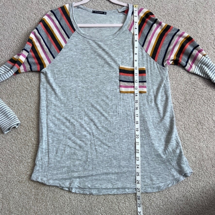 STACCATO Womens Gray Raglan Sleeve Striped Pocket Long Sleeve Top Size M