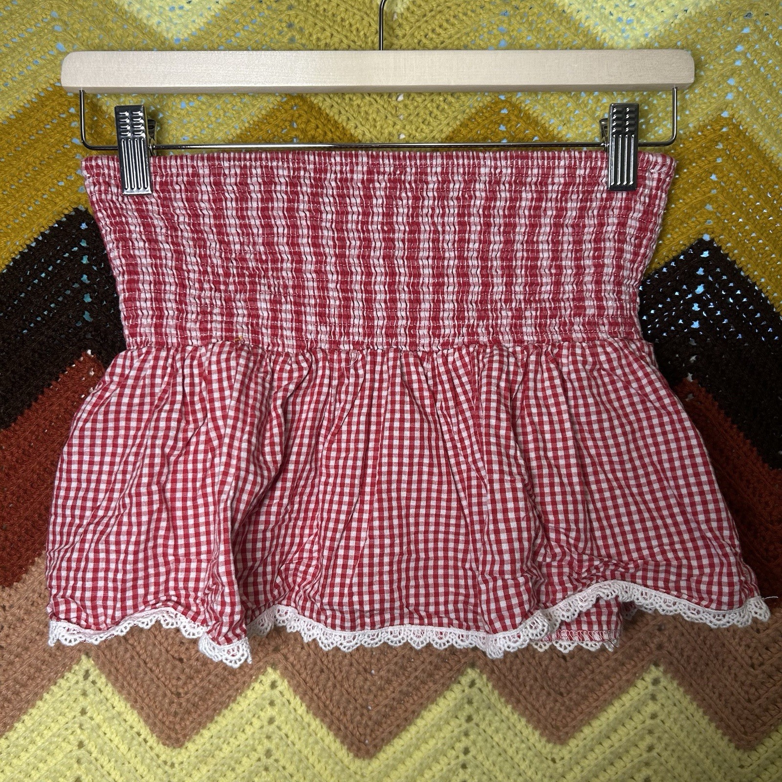Cottagecore Red Gingham Smocked Strapless Crunch Tube Top Coquette Picnic Size M