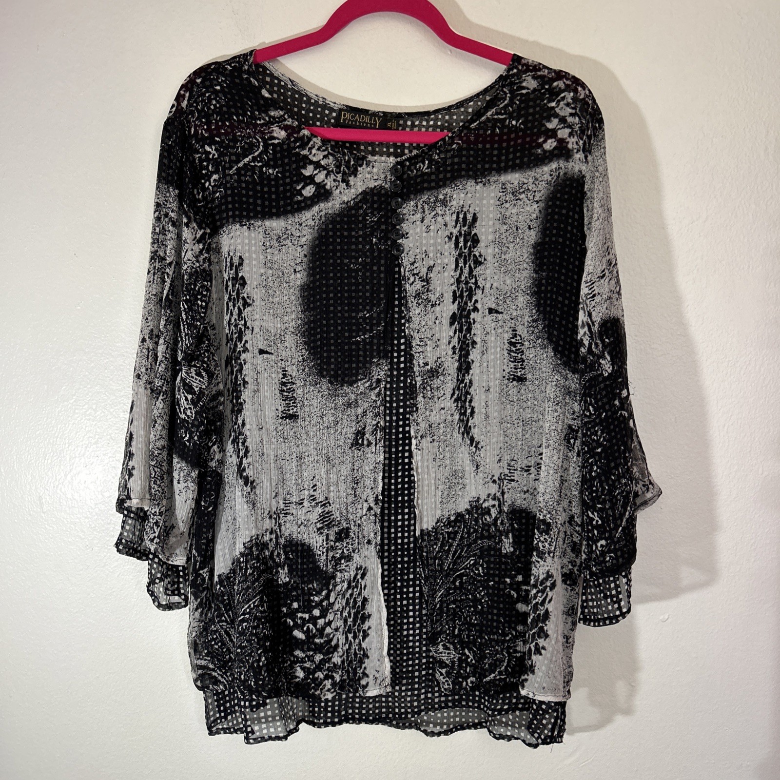 VTG Picadilly Fashions XL Sheer Topper Abstract Statement Black Artsy Silk Layer
