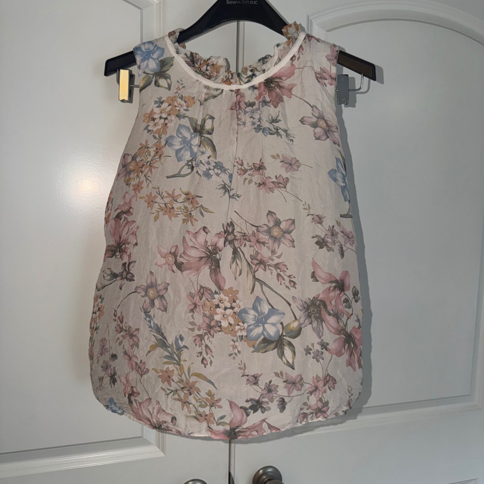 Elena Baldi Italy Silk Floral Ruffle Neck Sleeveless Blouse Pink Blue Small