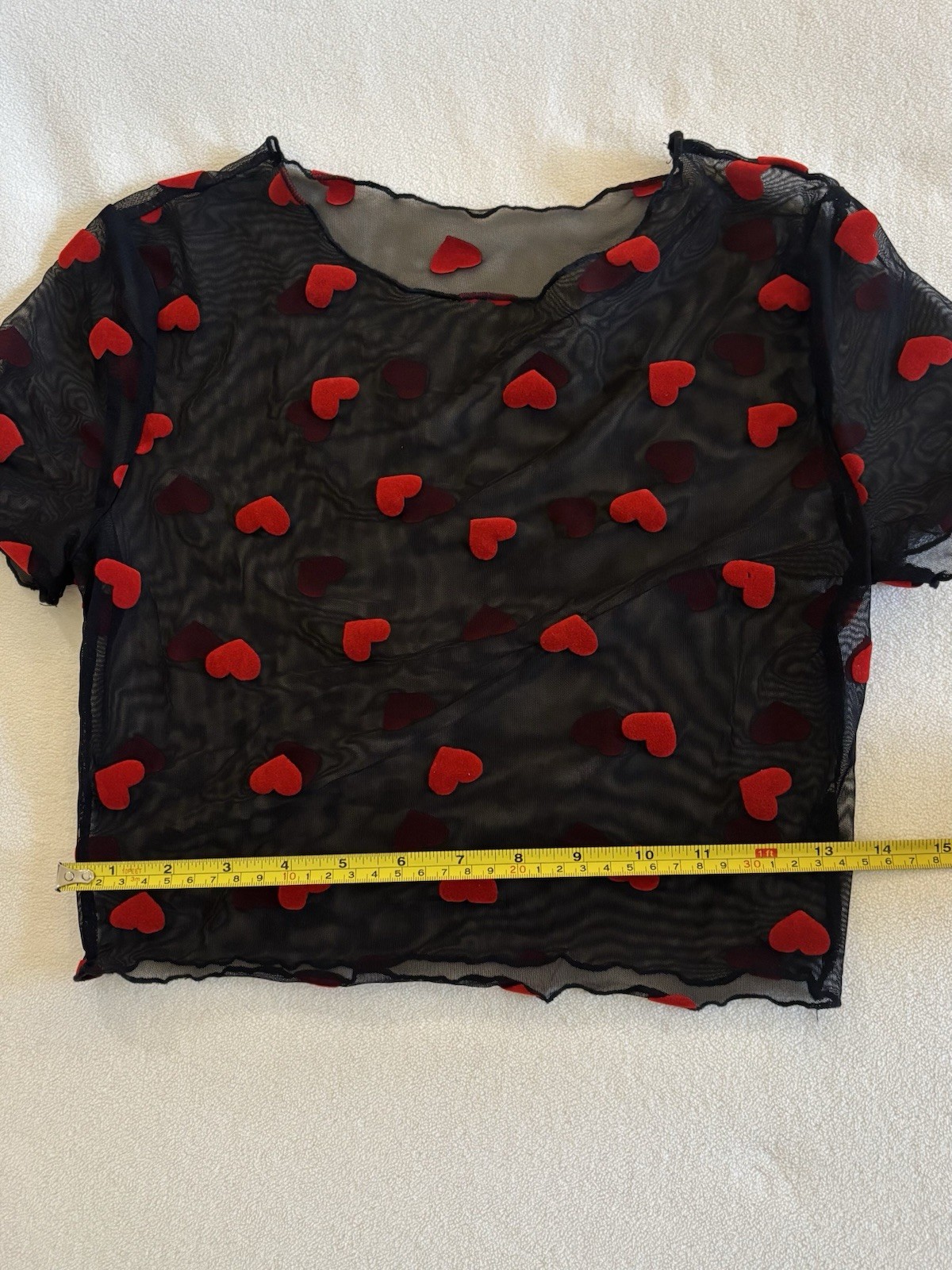 Black Sheer Mesh Heart Crop Top Red Velvet Flocked Hearts Short Sleeve Y2K XS S