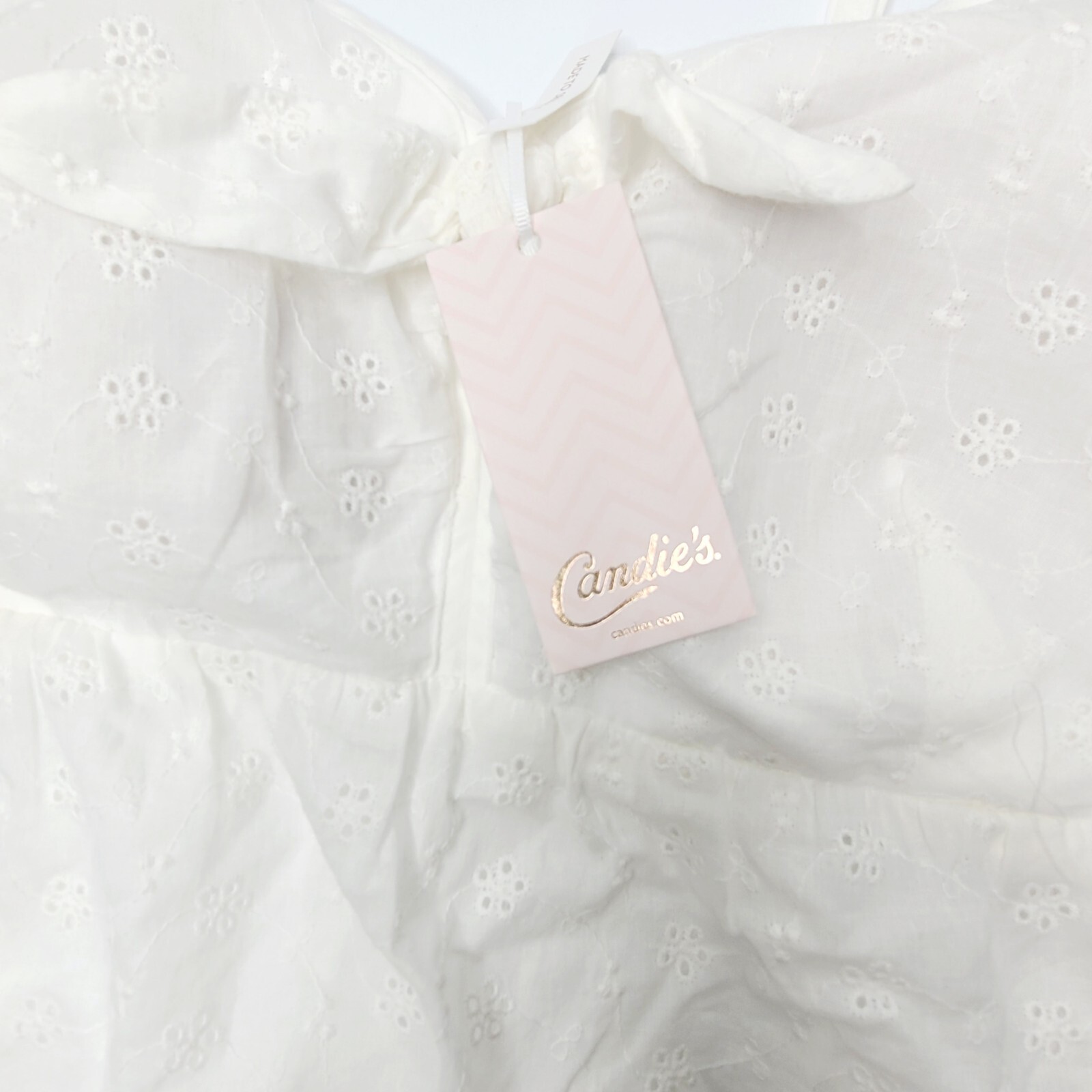 Candie’s Womens SZ L Tie-Front Ruffle Strap White Eyelet Babydoll Top New w Tag