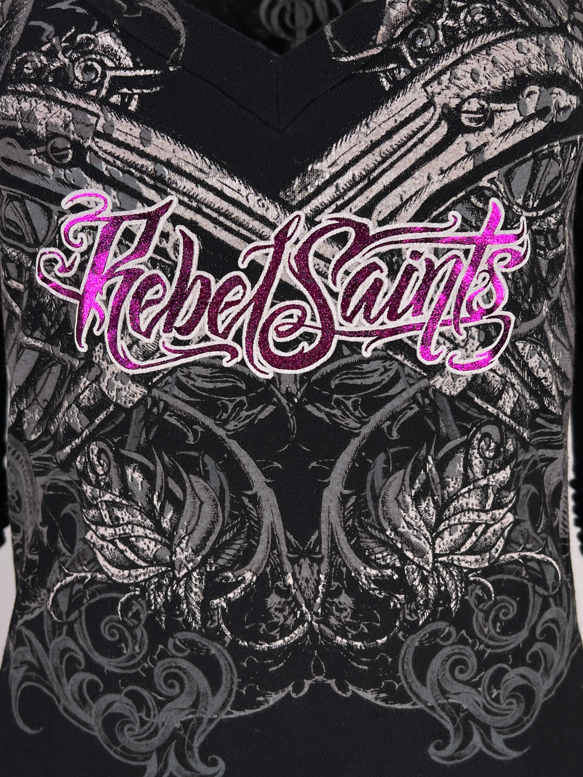 Rebel Saint by Affliction Women’s T-shirt Ravenous Biker Tattoo