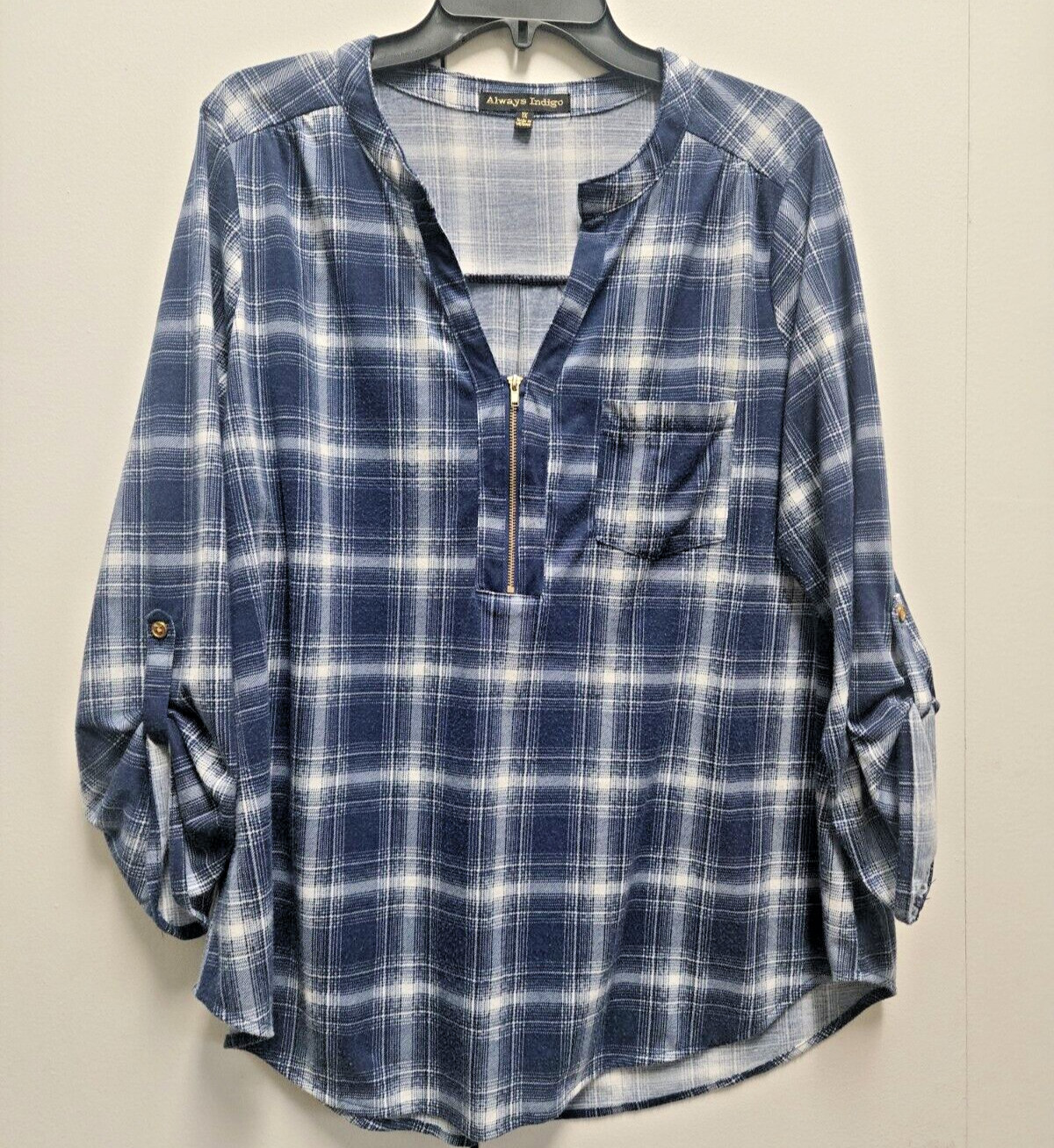Always Indigo- Blue Plaid Pullover Blouse-Size 1X Women