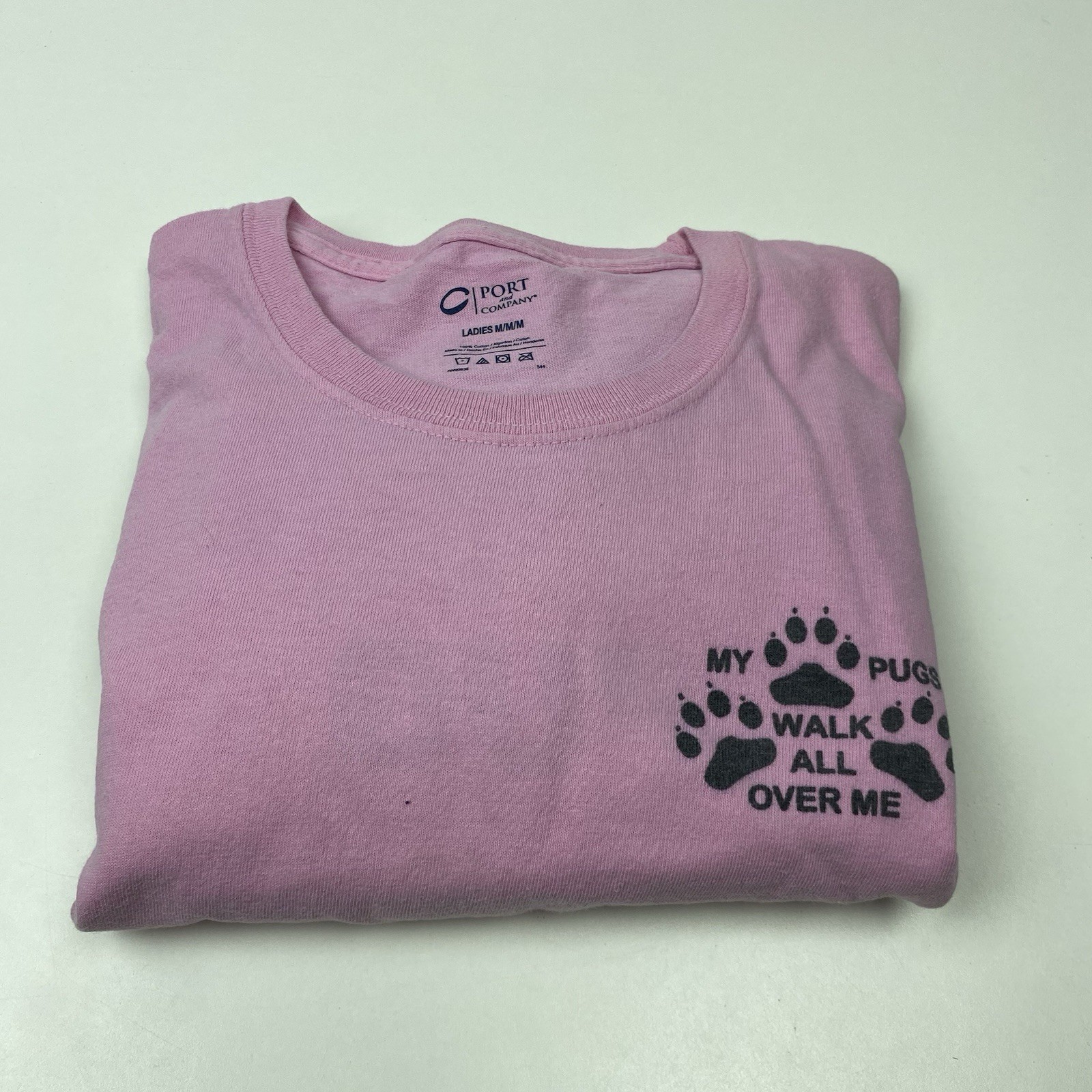 Port & Company Pug Dog Lovers Womans M Medium Pink Graphic Long Sleeve T Shirt