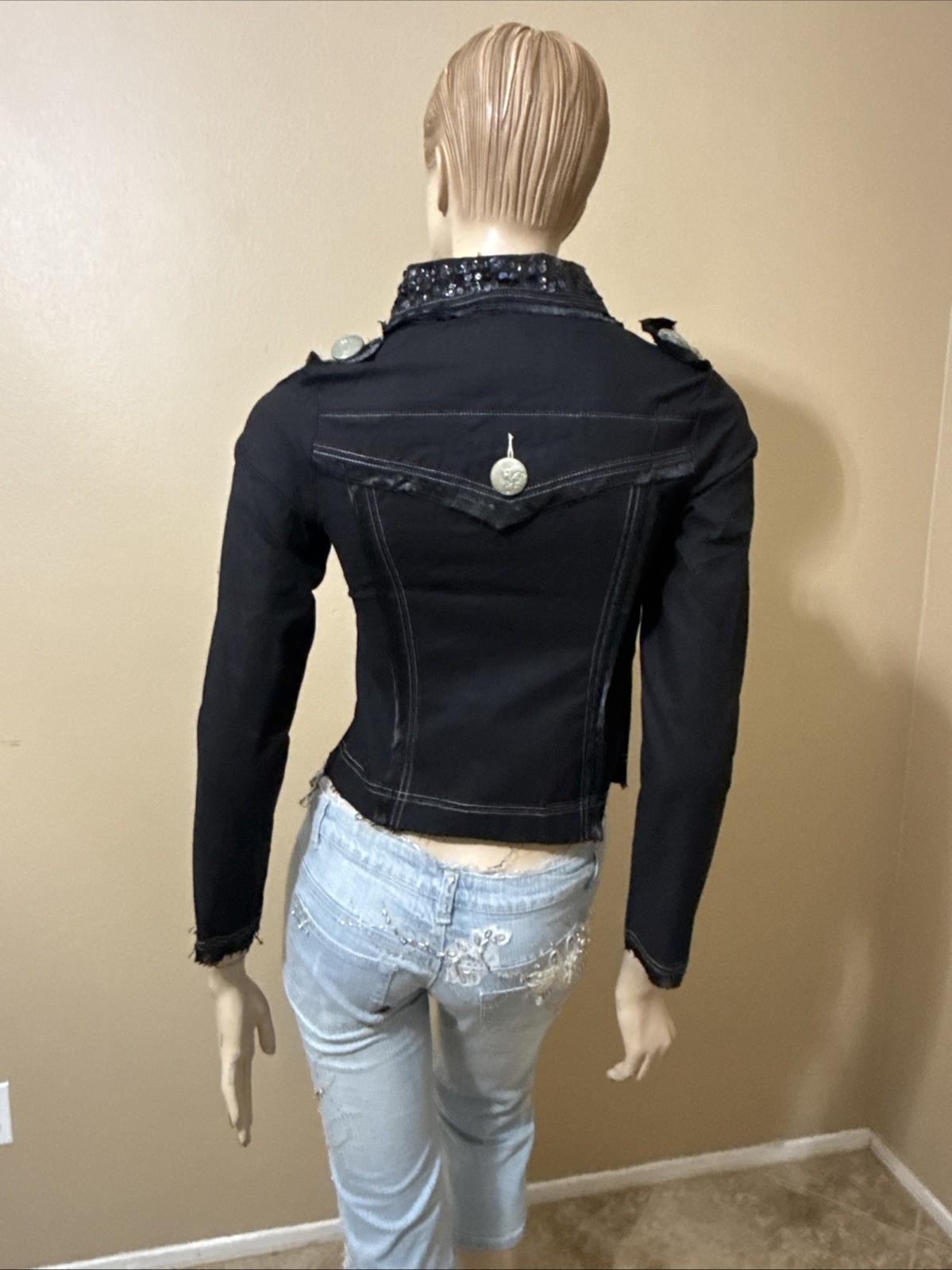 Women’s Black Rayon Casual Stretch Slim Beads Collar Size L Button-up Blouse Top