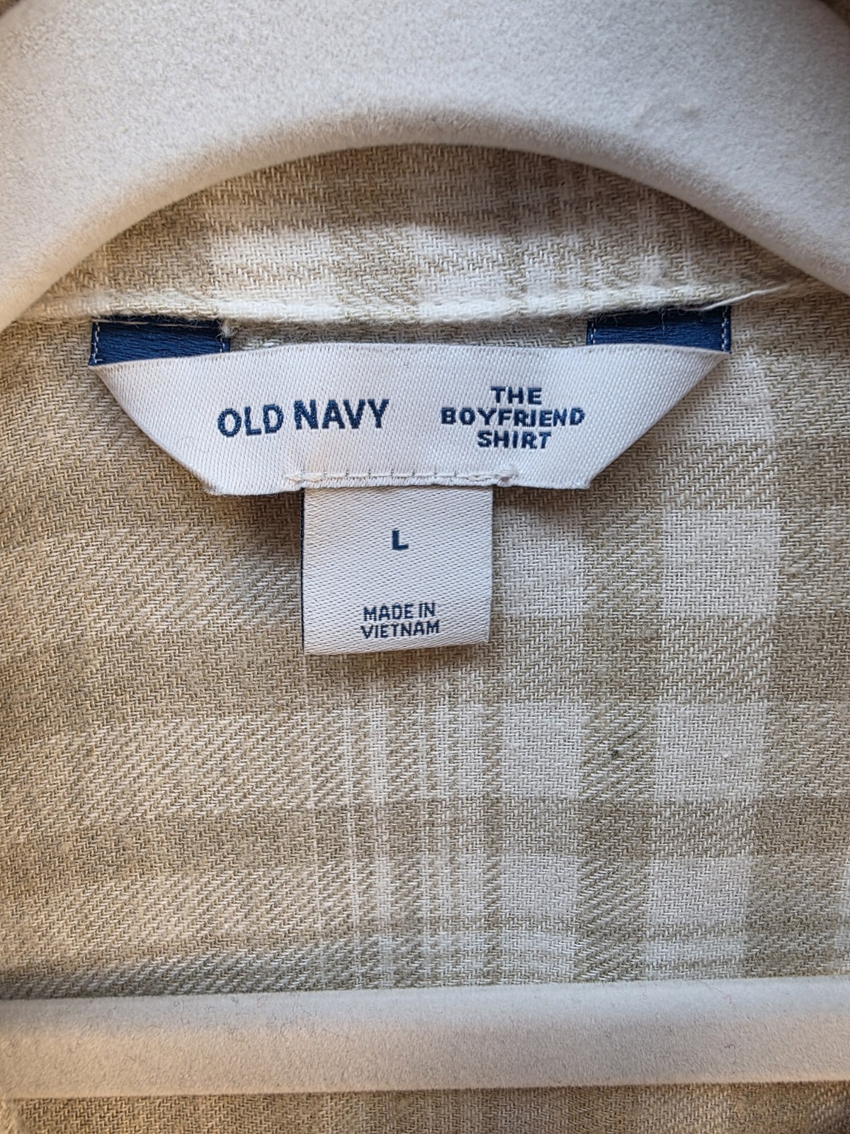 Old Navy Women’s Size Large Boyfriend Shirt Beige/white Plaid Buttoned Down Y2k