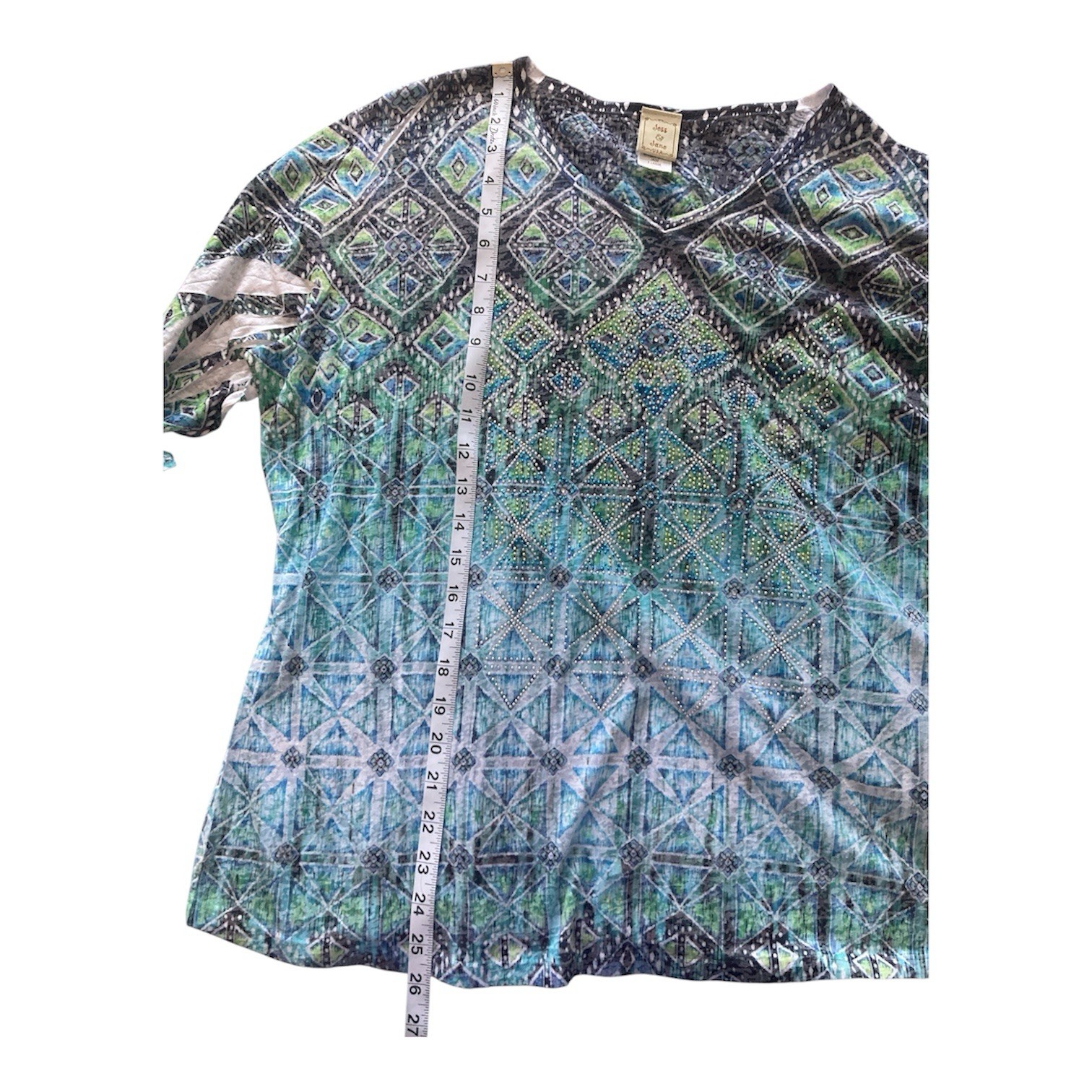 Jess & Jane Women’s 3/4 Sleeve Blue & Green Bedazzled Top Size XL