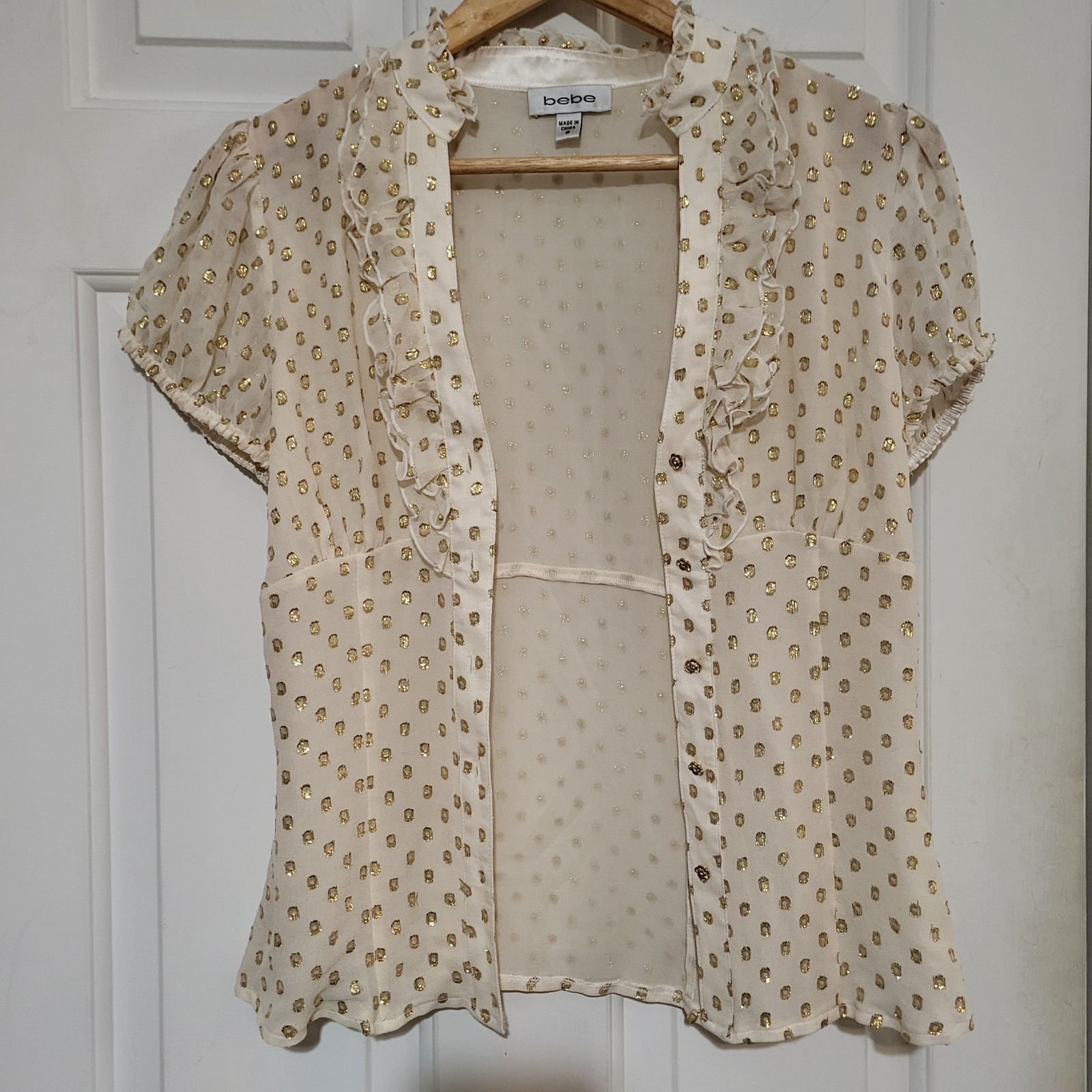 Bebe Cream Gold Ruffle Short Sleeve Button Front Semi Sheer Silk Blouse Size S