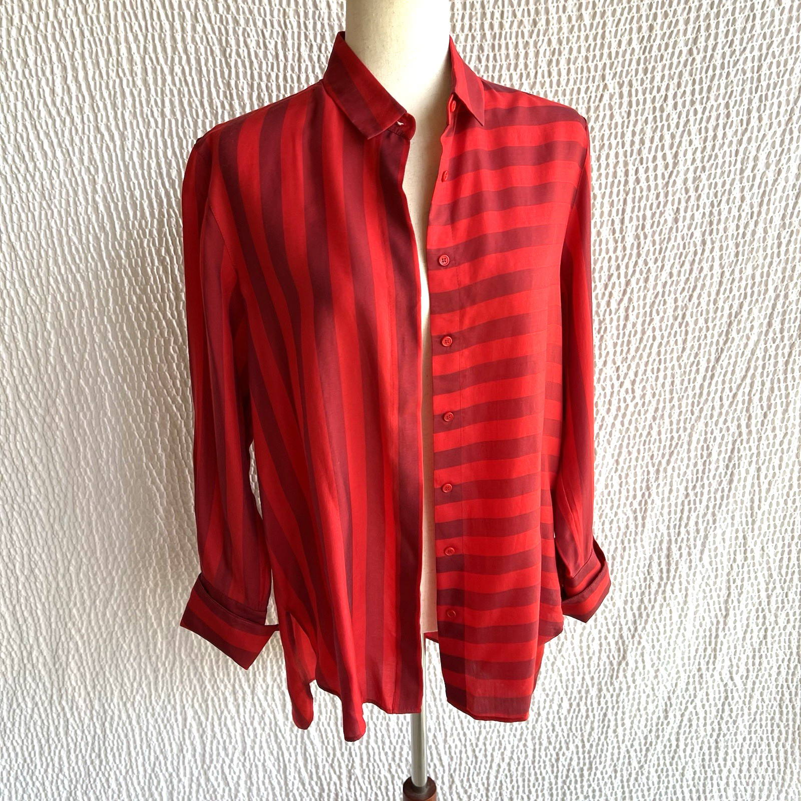Akris Punto Tonal Mulberry Silk Cupro Blouse Luminous Red Stripe Size 6