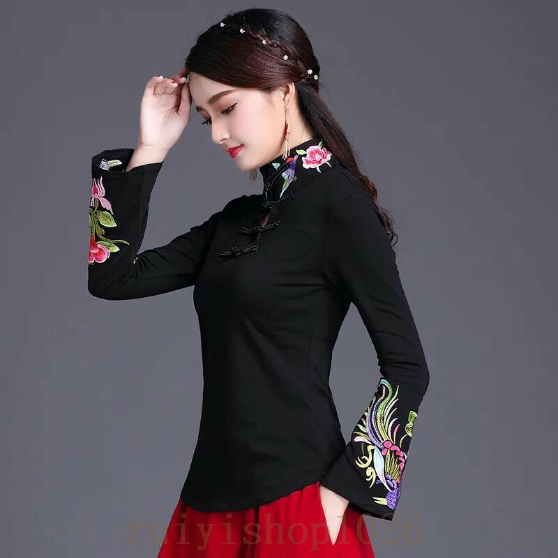 Womens Embroidery Chinese Cheongsam Long Sleeve High Neck T Shirt Pullover Retro