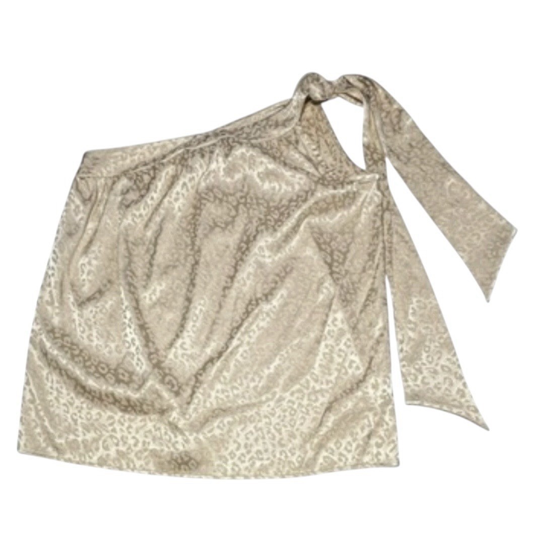Pixi & Ivy Leopard Satin One Shoulder Tie Blouse Size S Champagne Jacquard NWT