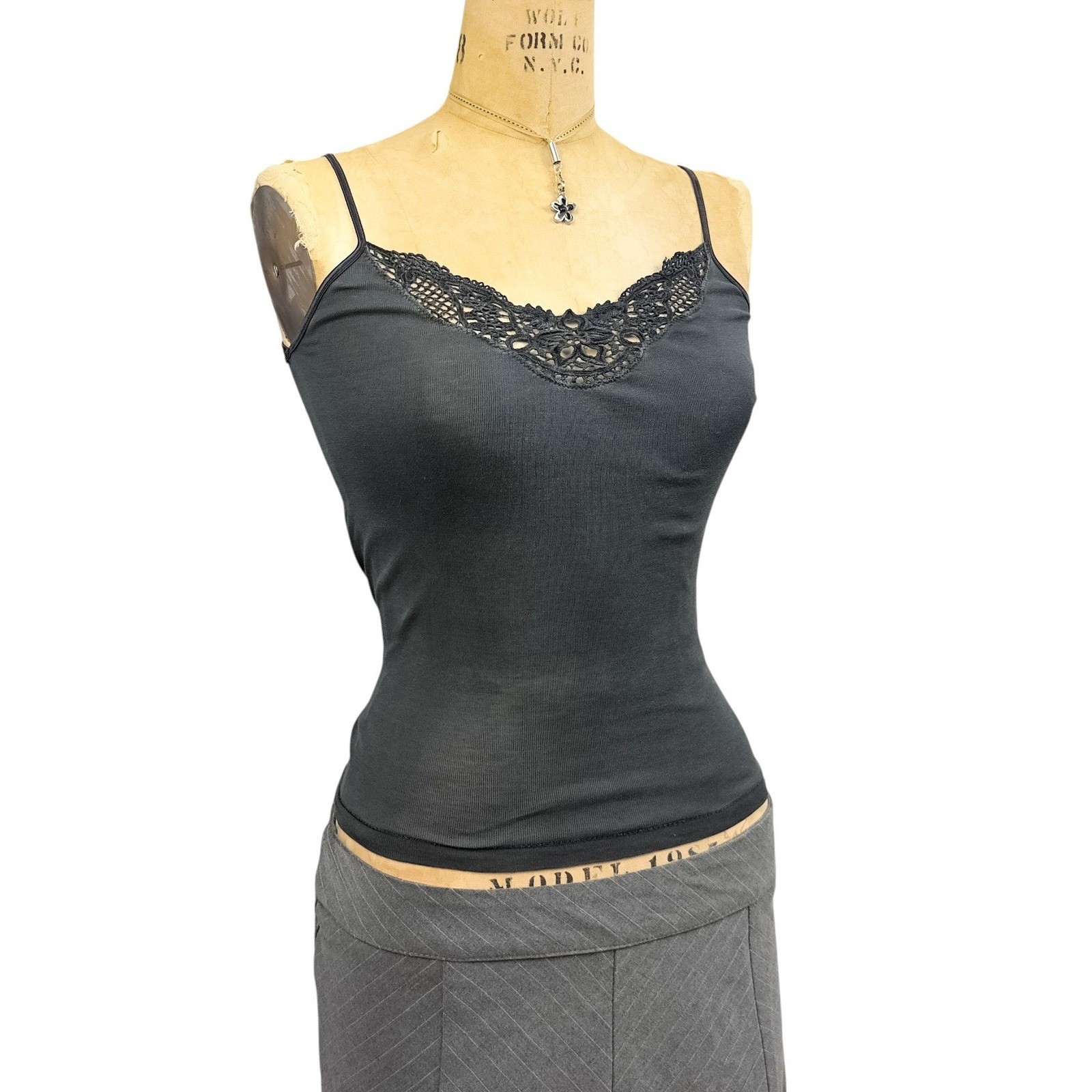 90s Vintage Chicos Black Cami Crochet Trim Minimalist Grunge Small