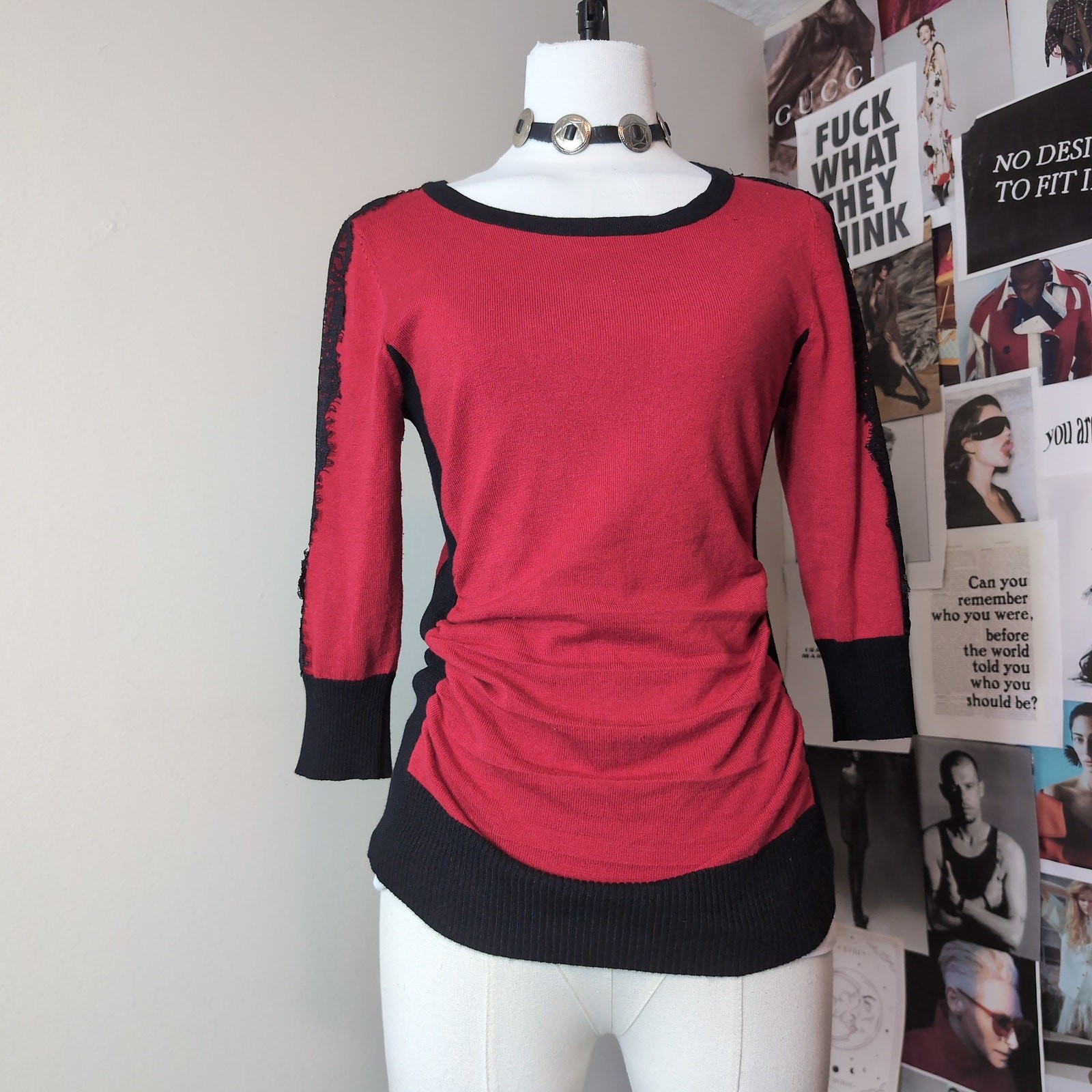 Colorblock Knit Top Vintage with Lace Sleeve