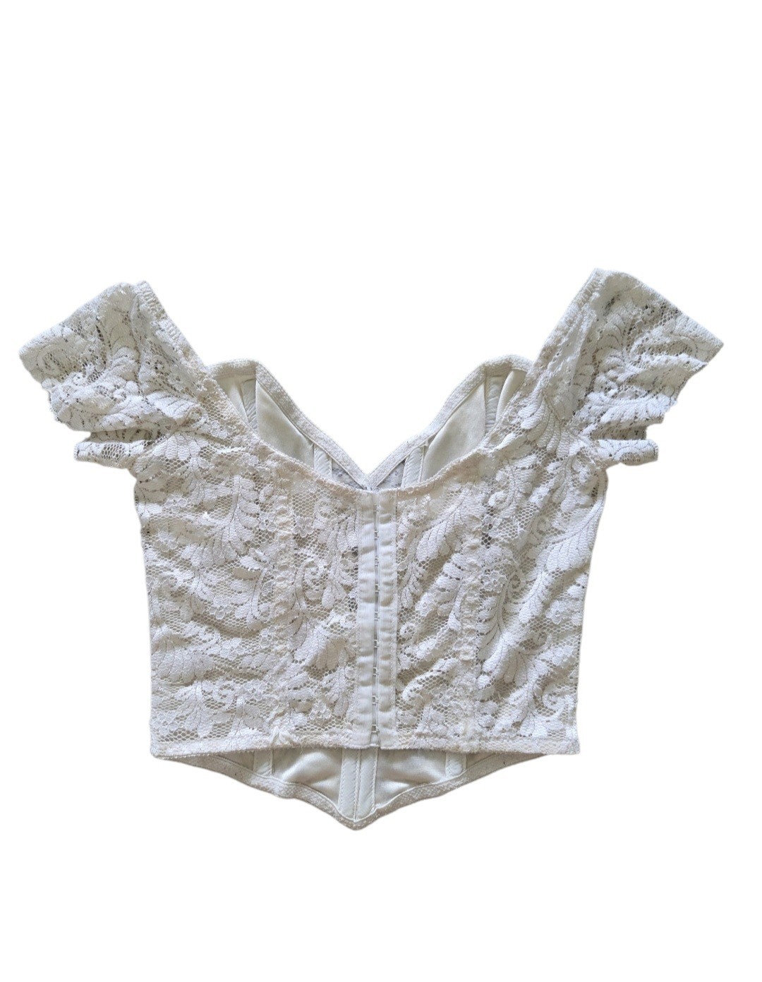 VTG Y2K On Gossamer Ivory Lace Corset Crop Top M Off Shoulder Boned Coquette