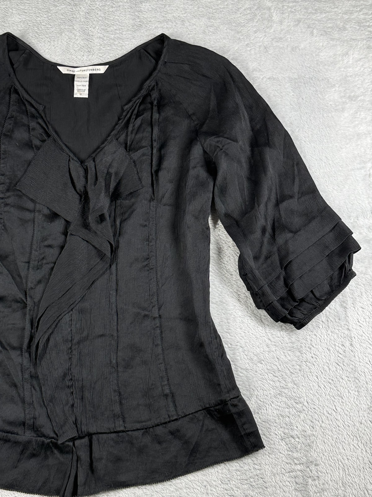 Diane von Furstenberg Blouse Womens 2 Black Silk Ruffle 3/4 Sleeve Dressy Top