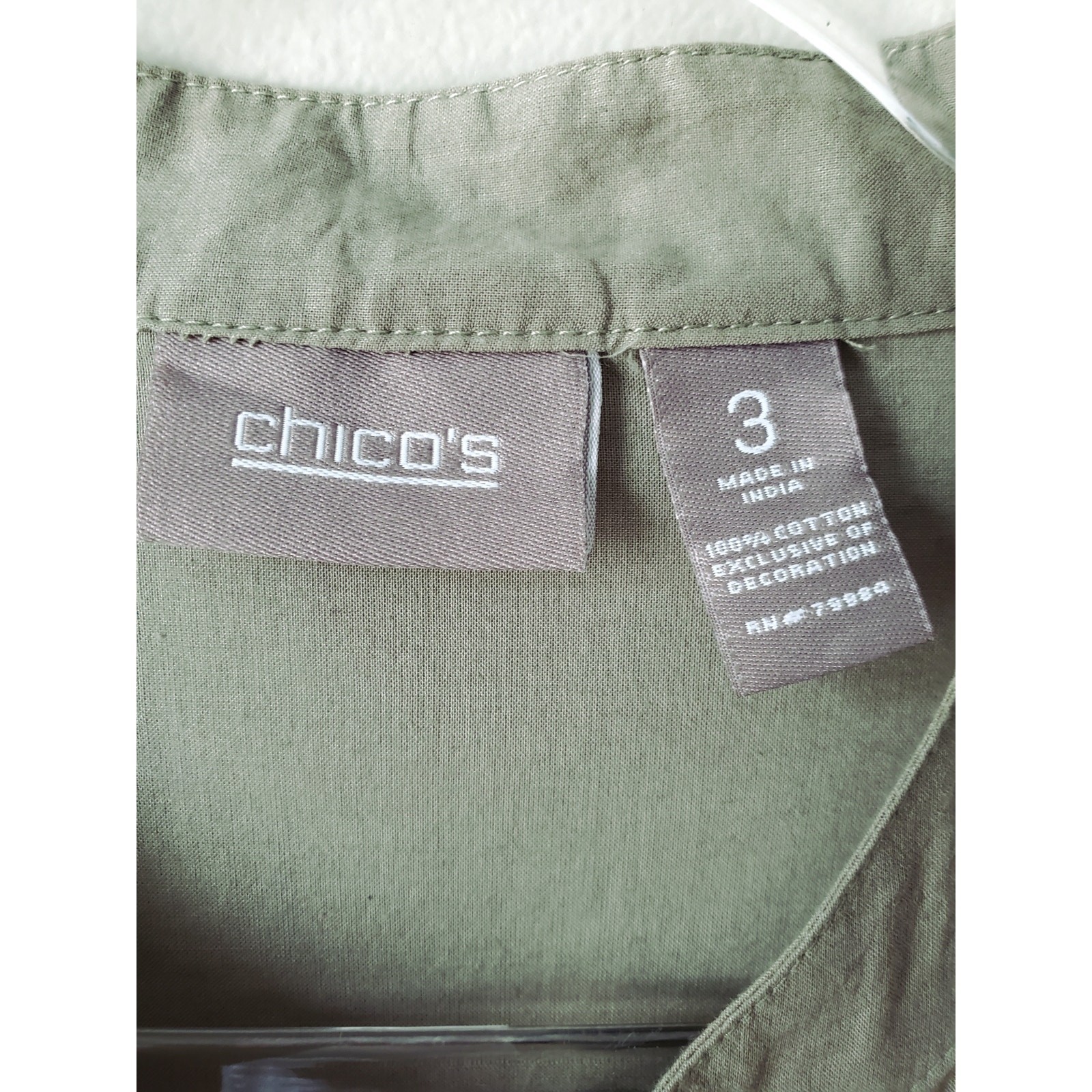 Chicos Olive Green Embroidered Tunic Top XL 3 Classic Coastal Neutral Casual NEW