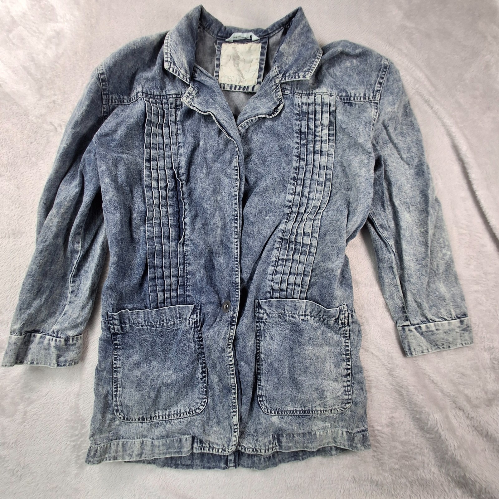 Inner View Shirt Womens Medium Blue Denim Cotton Pleated Long Sleeve Camp Collar