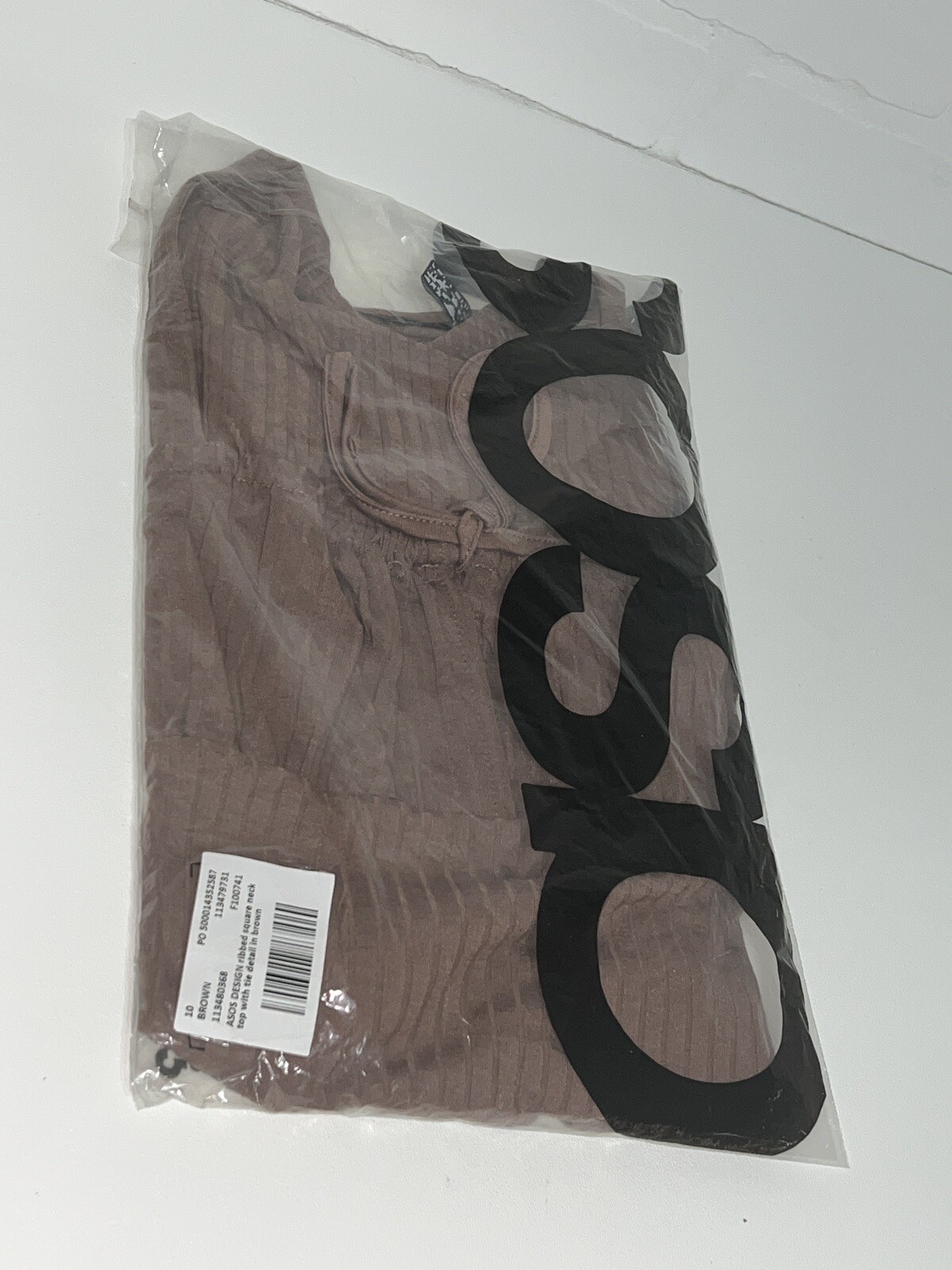 NEW ASOS DESIGN ribbed square neck top with tie detail in brown Size 10