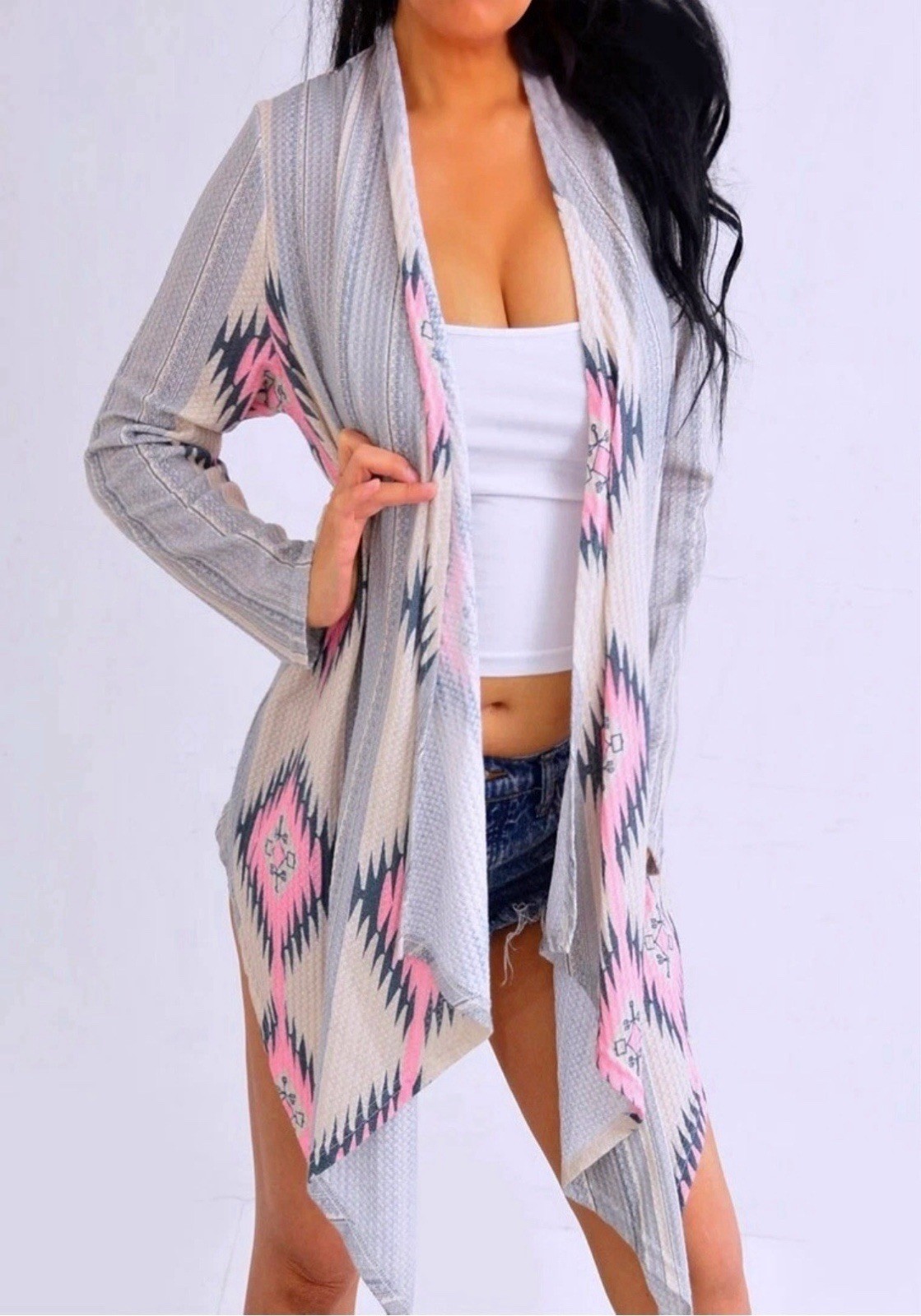 Gray Pink Aztec Cascading Long Sleeve Knit Cardigan Shirt Top L Large