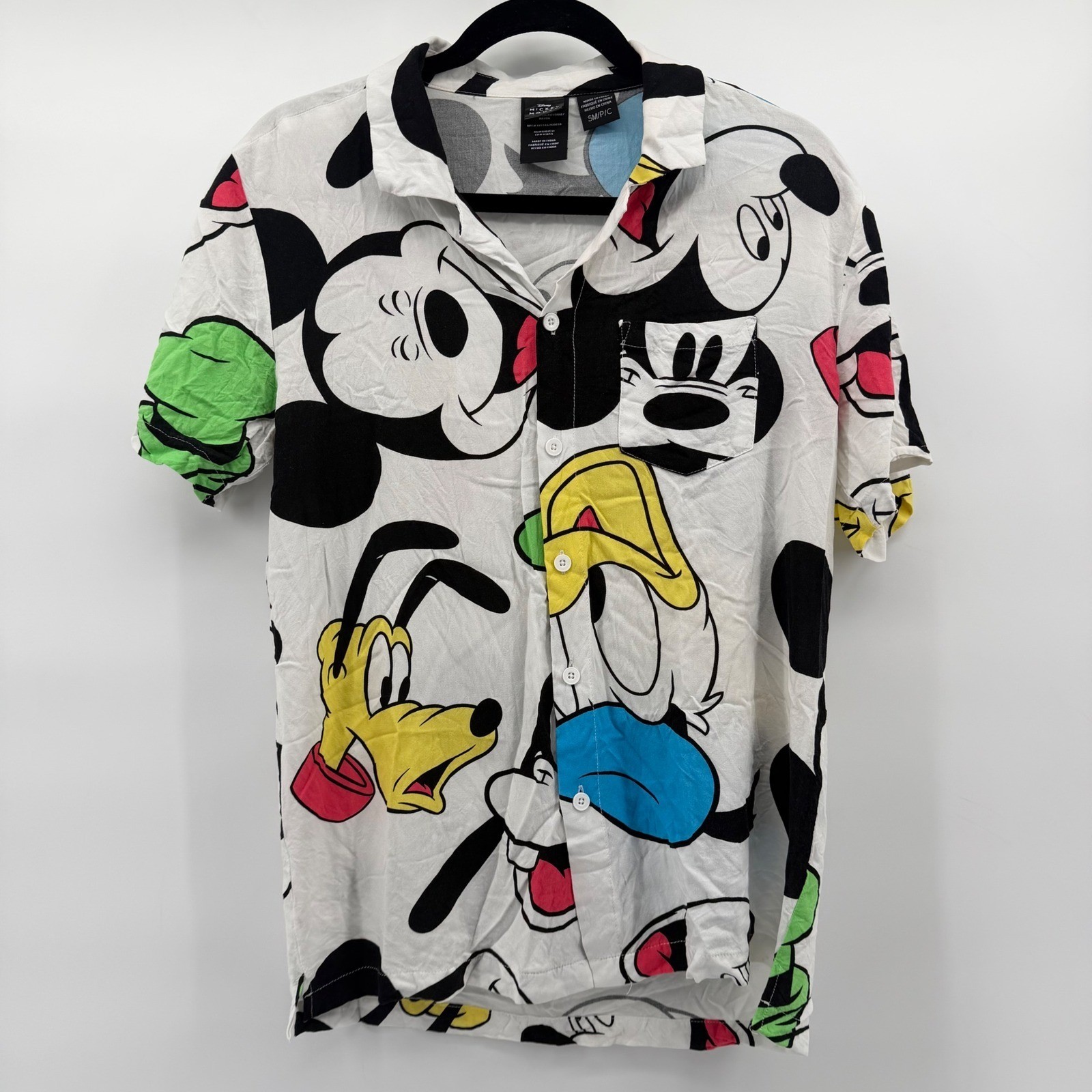 Disney Mickey Mouse Button Front Shirt Womens Small White Character Rayon Print
