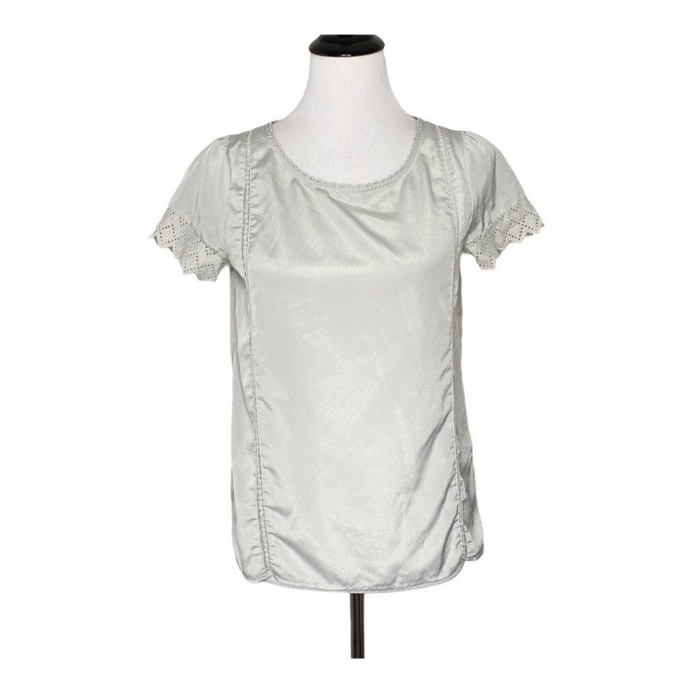Cottagecore Coquette Eyelet Lace Satin Blouse Puff Sleeve Crochet Pleated S Grey