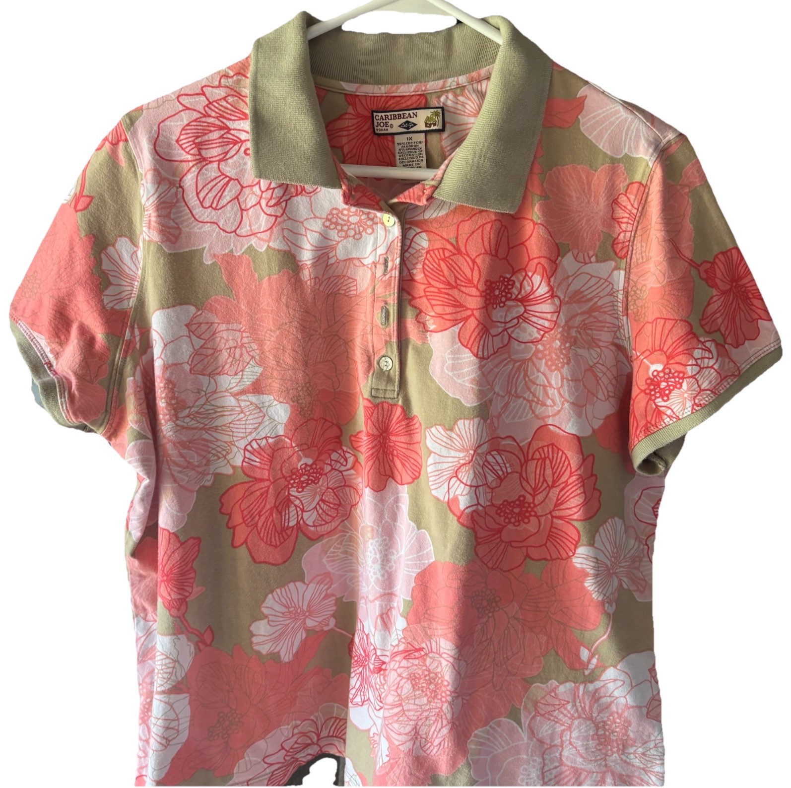 Caribbean Joe Women’s Floral Polo Pink Beige 1X 95Cotton 5 Spandex