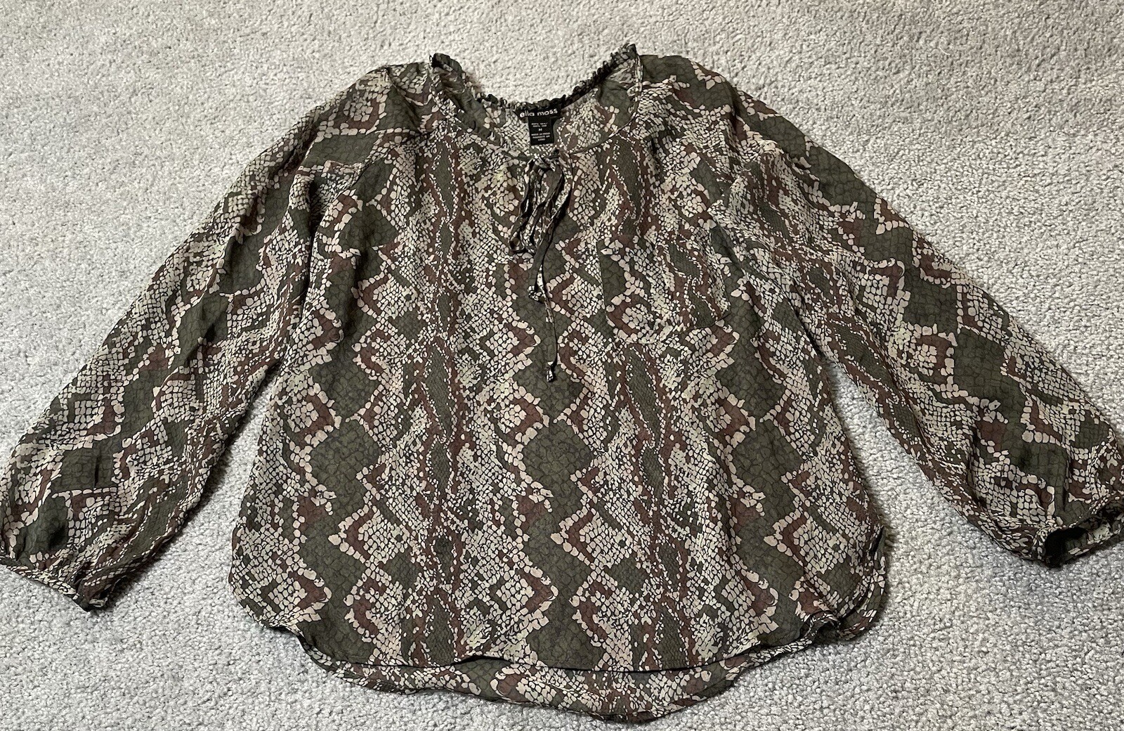 Ella Moss Anthropologie Silk Blouse Women’s Sz M Sheer Python Print Boho Safari