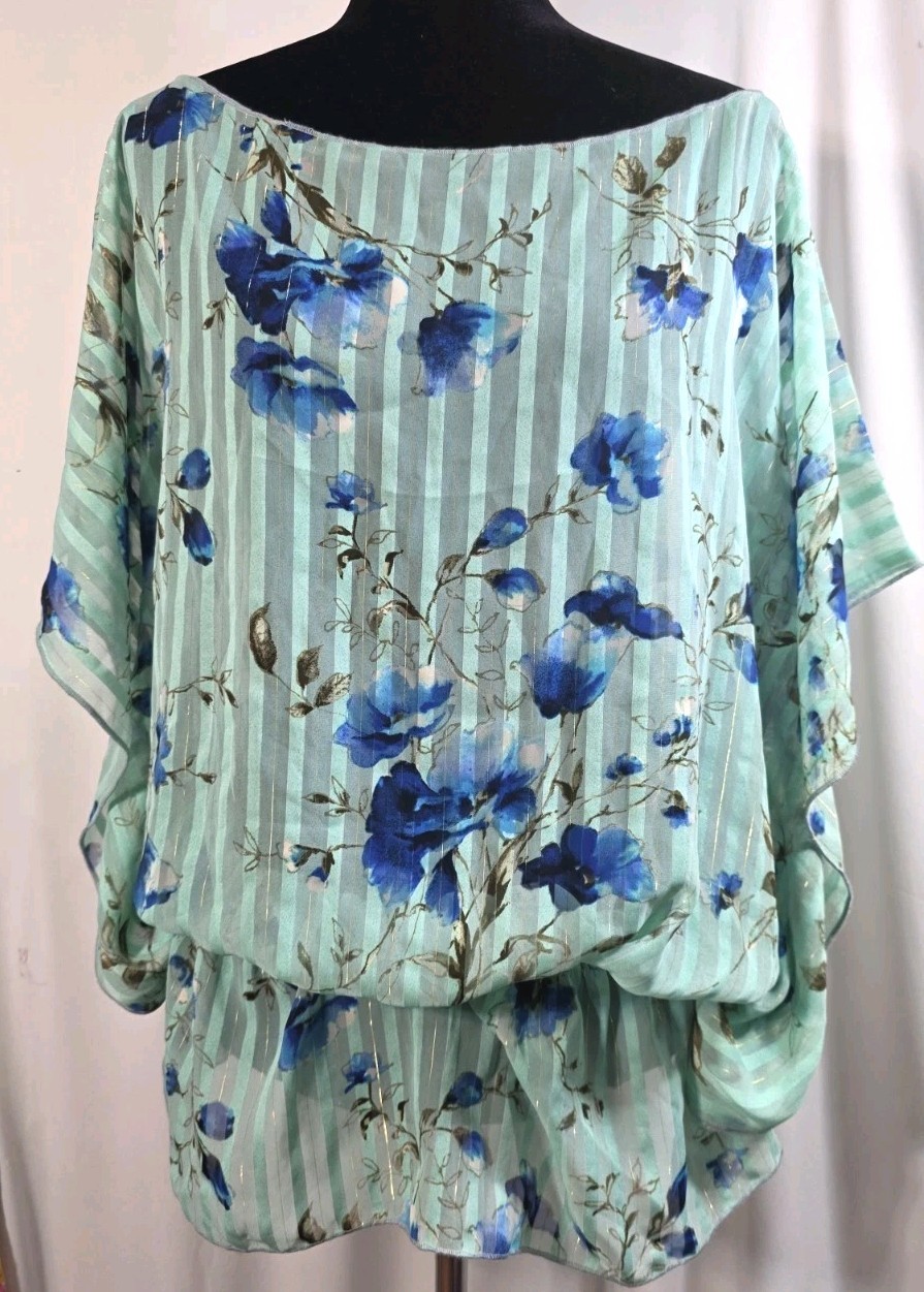 Plus size poncho style top, elastic at hip, blue, floral, striped,sizeL-1X
