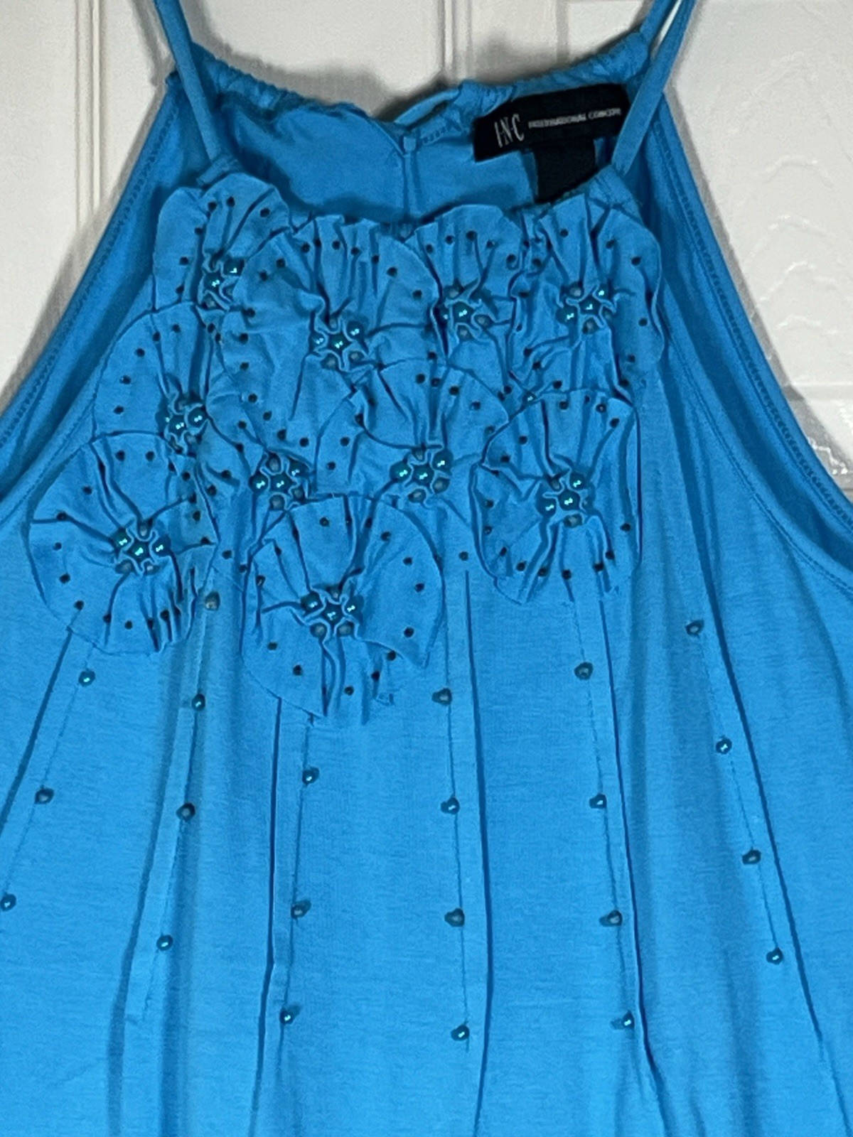 International Concepts Women’s Lagoon Blue Floral Design Beaded Tank Top Size S
