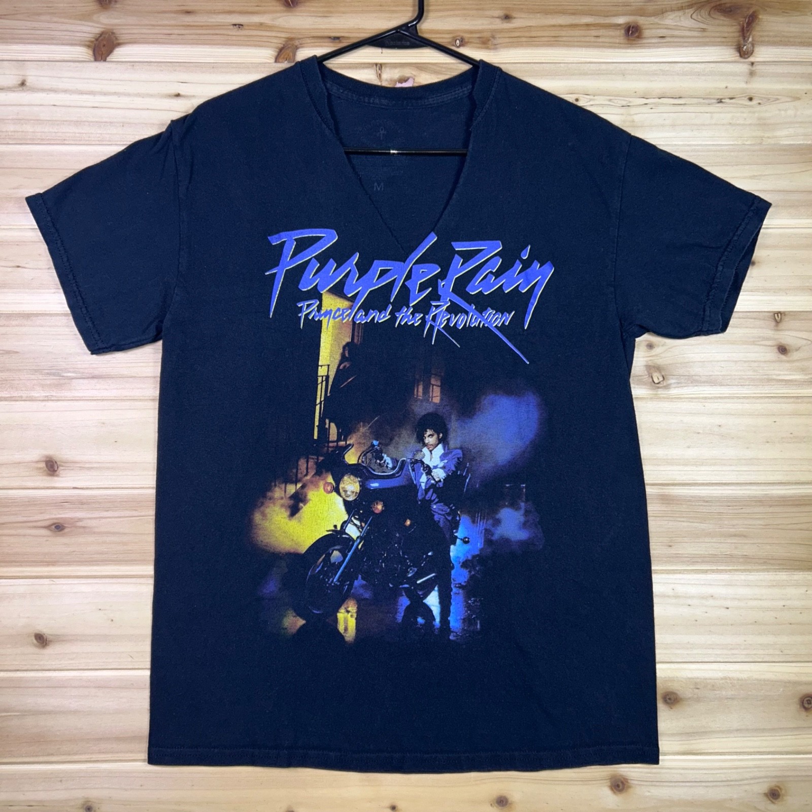 Prince and the Revolution T-Shirt Womens Medium Black Purple Rain V-Neck Cut