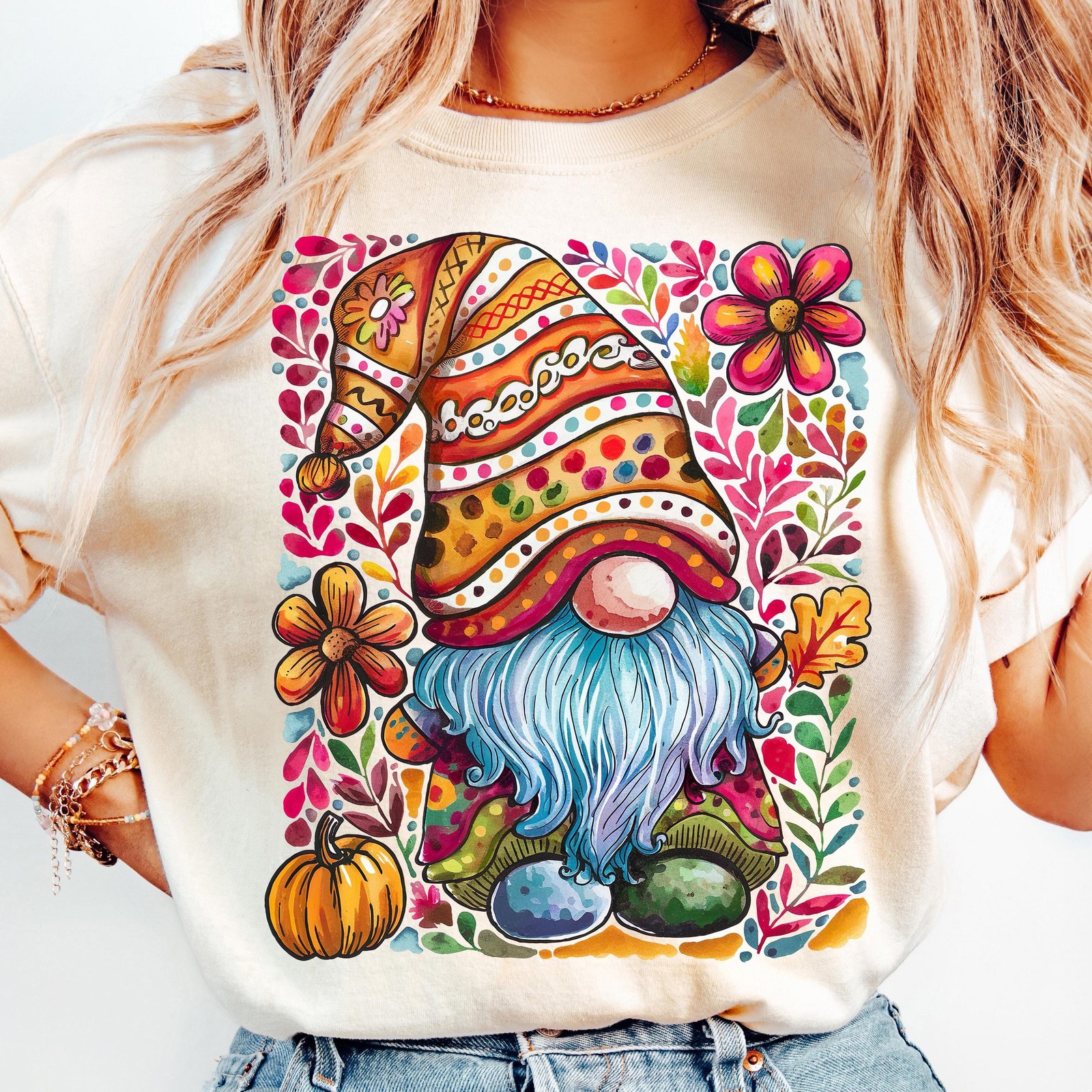 Fall Gnome T-Shirt Autumn Pumpkin Floral Shirt Cute Harvest Tee Thanksgiving Top