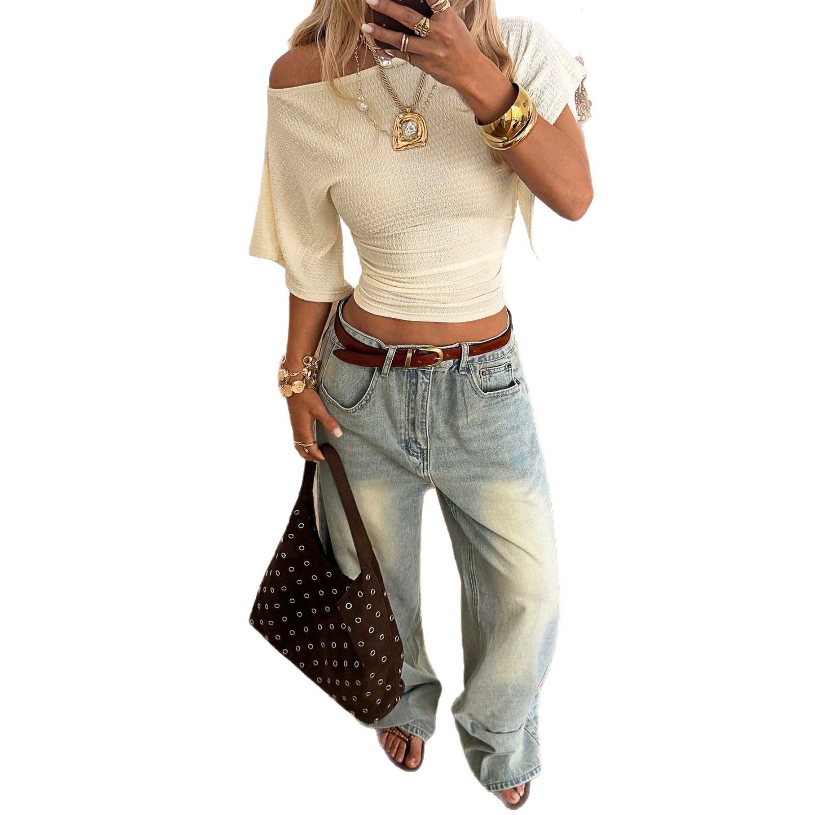 Women Off Shoulder Ribbed Crop Top Short Sleeve Knit Blouse Apricot S M L XL
