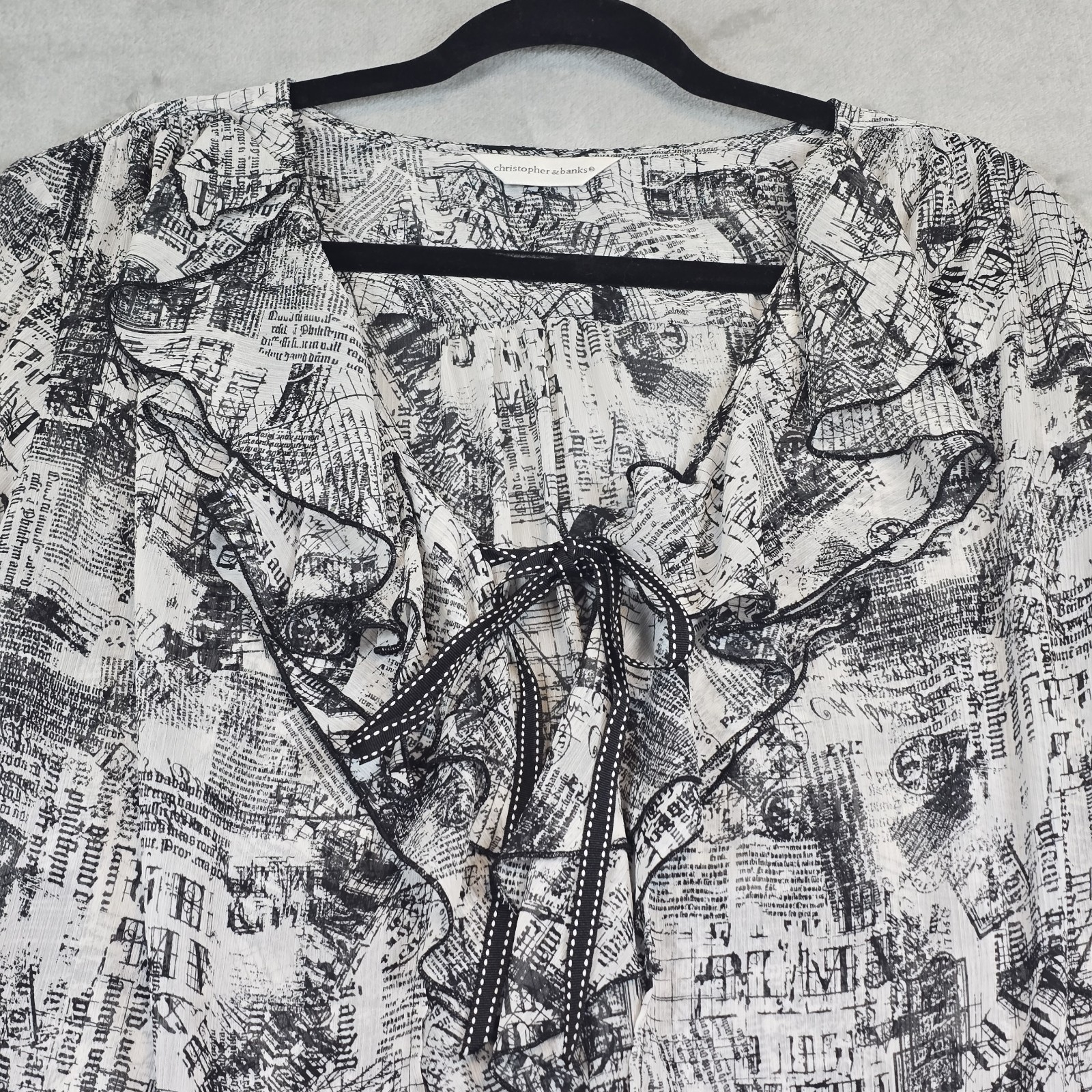 Christopher Banks Open Front Blouse W’s L News Print Sheer Artsy Whimsical